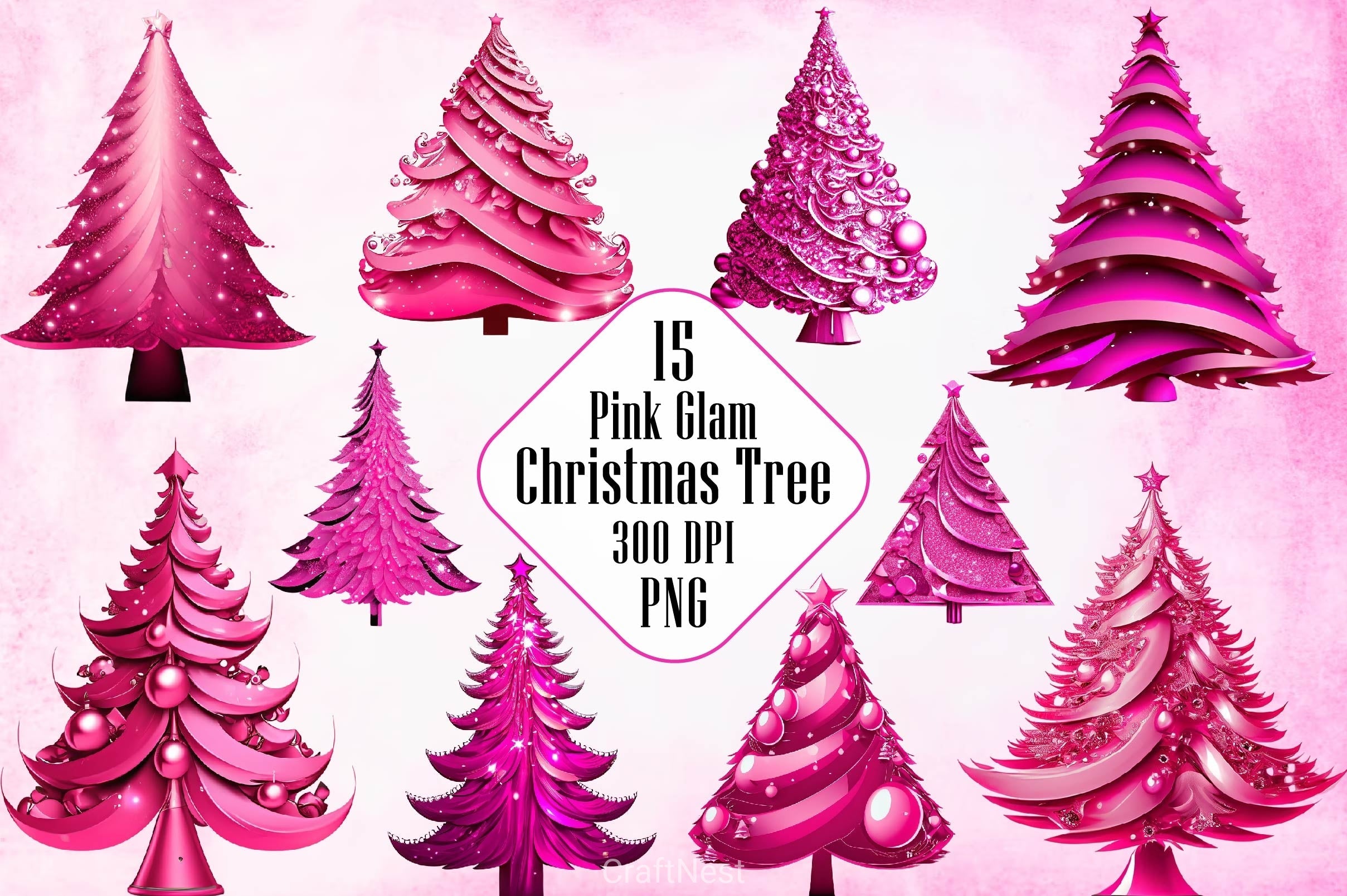 Pink Glam Christmas Tree Clipart Bundle