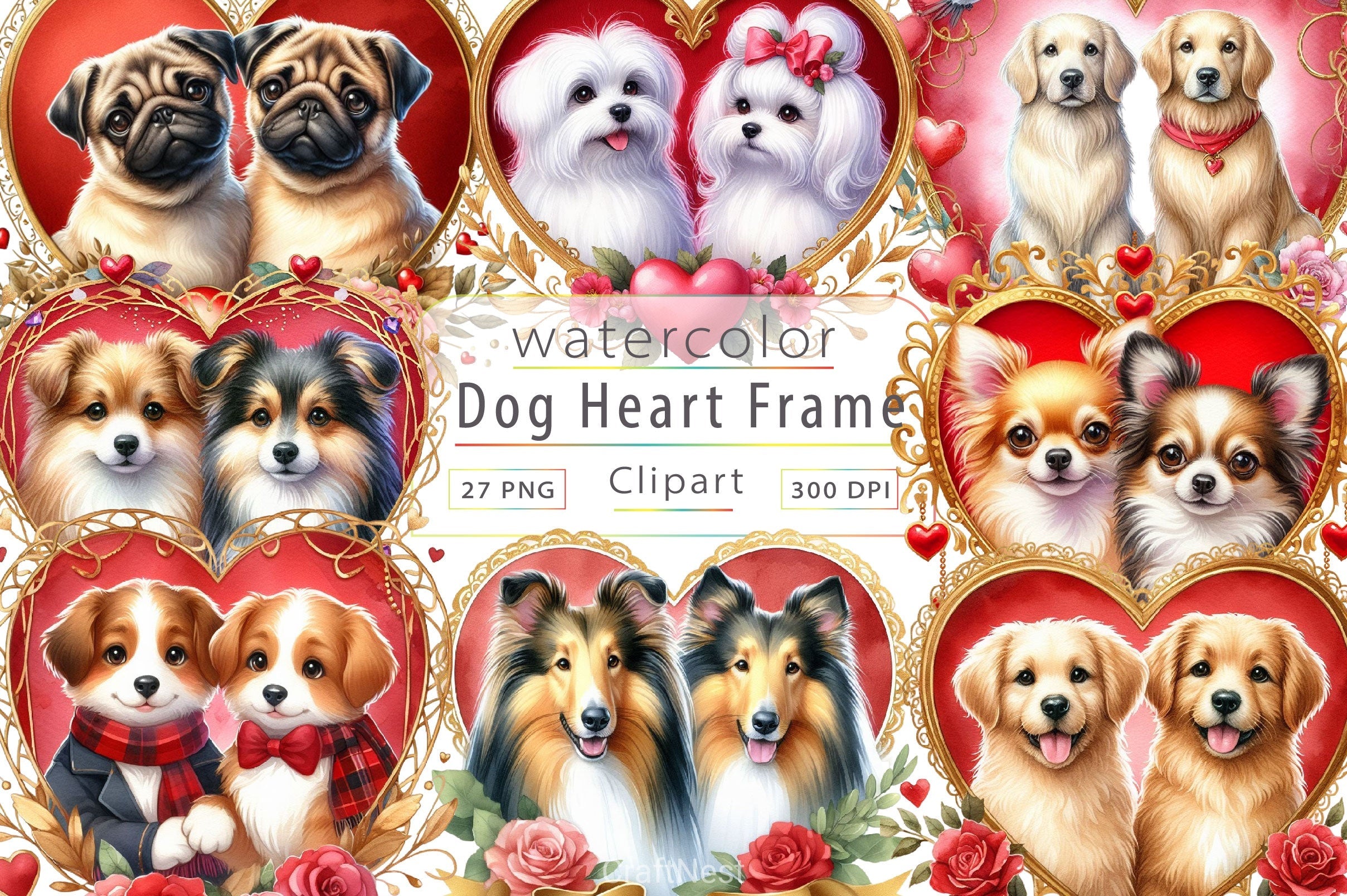 Dog Couple Heart Shape Frame Clipart Bundle