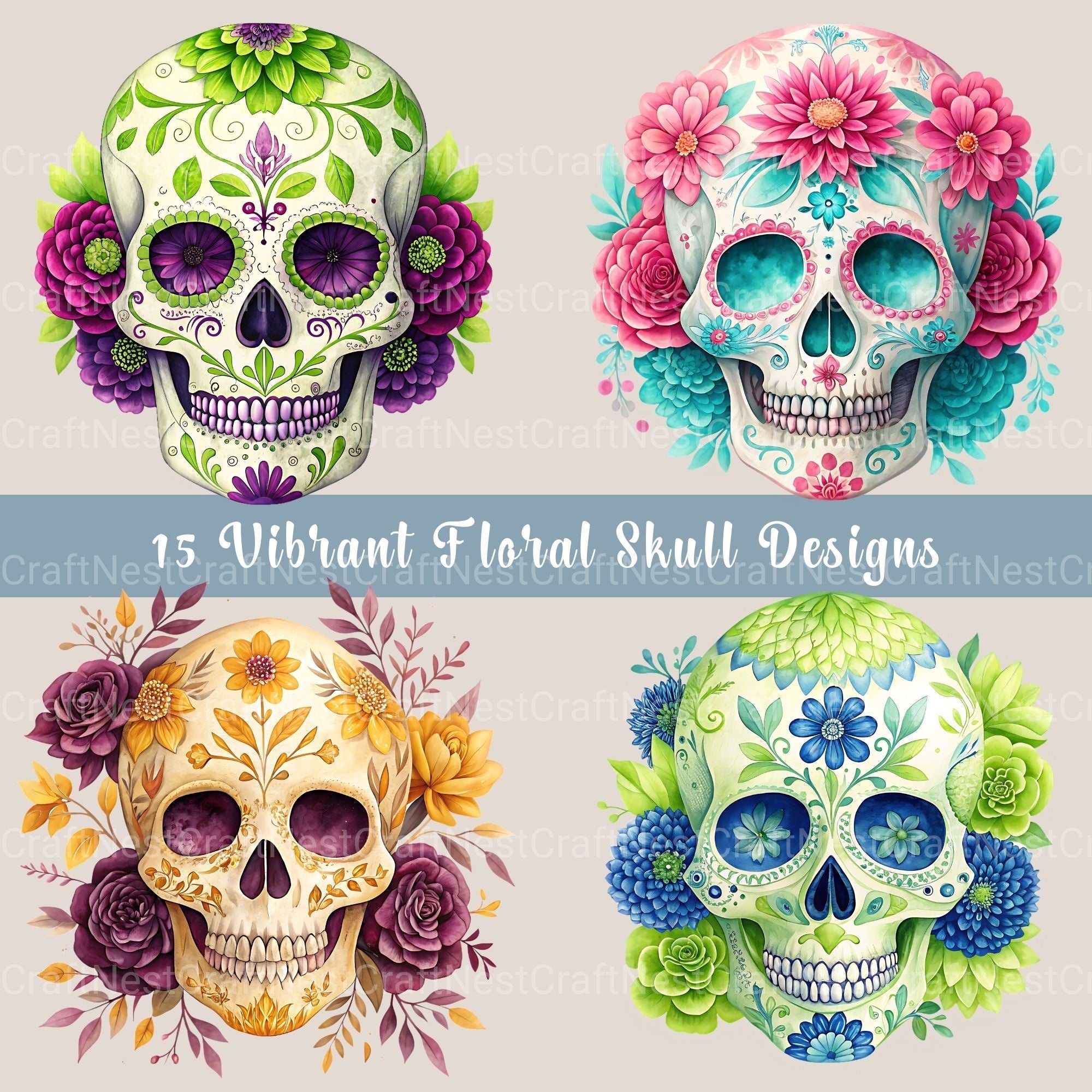 Floral Skulls Clipart Bundle 1