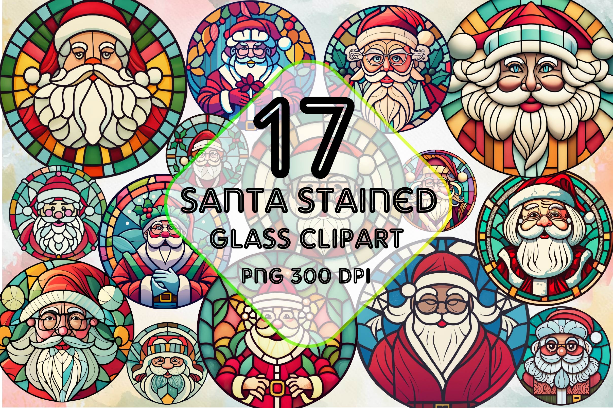 Round Santa Stained Glass Clipart Bundle