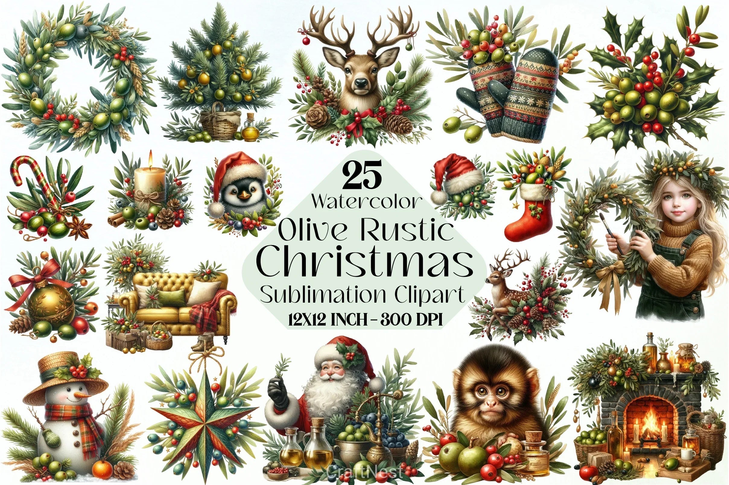 Olive Rustic Christmas Clipart Bundle - CraftNest - Digital Crafting and Art