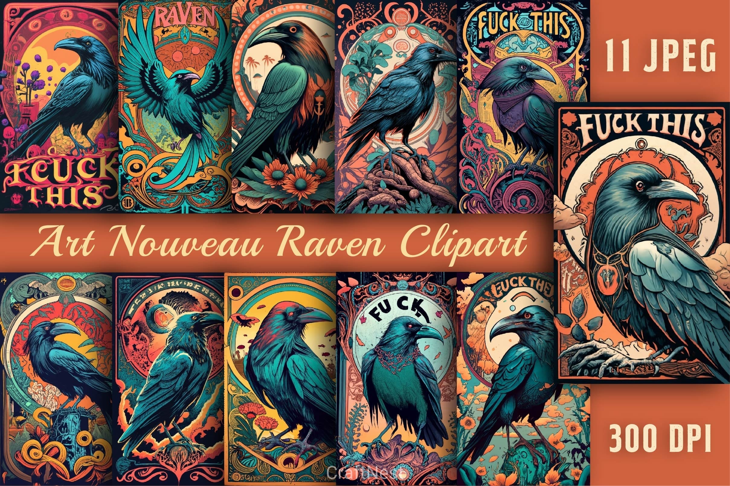 Art Nouveau Raven Clipart Bundle
