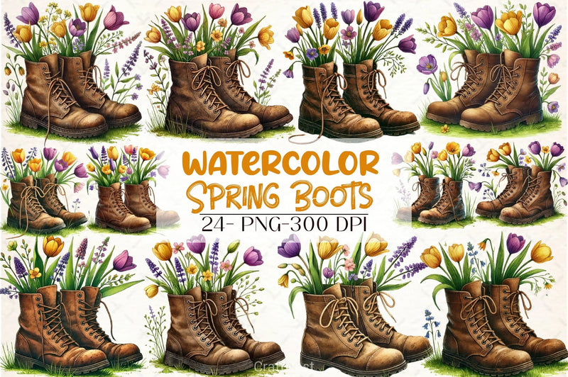 Vintage Boots with Flowers Clipart Bundle - CraftNest - Digital Crafting and Art