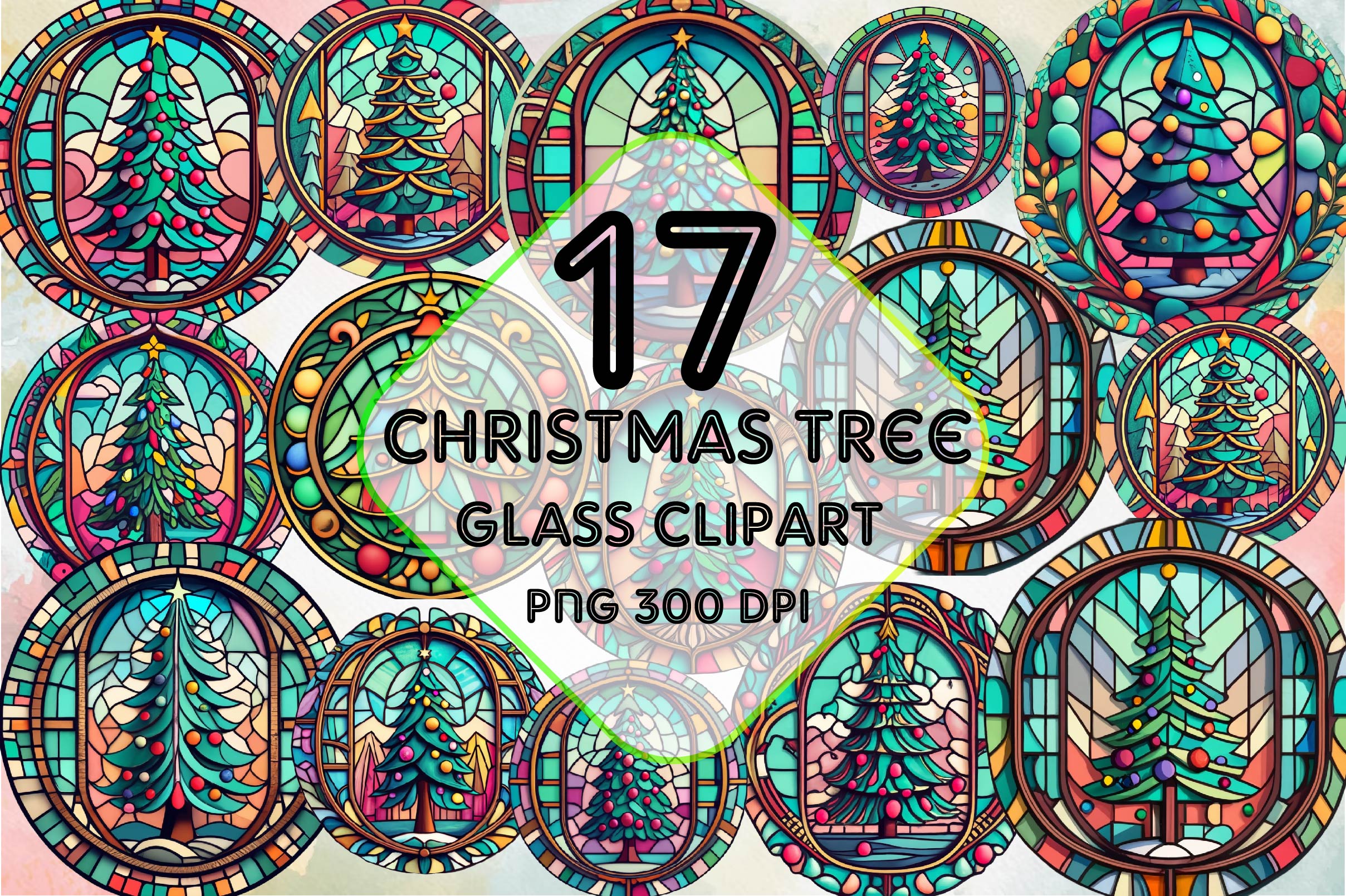 Round Christmas Tree Stained Glass Clipart Bundle