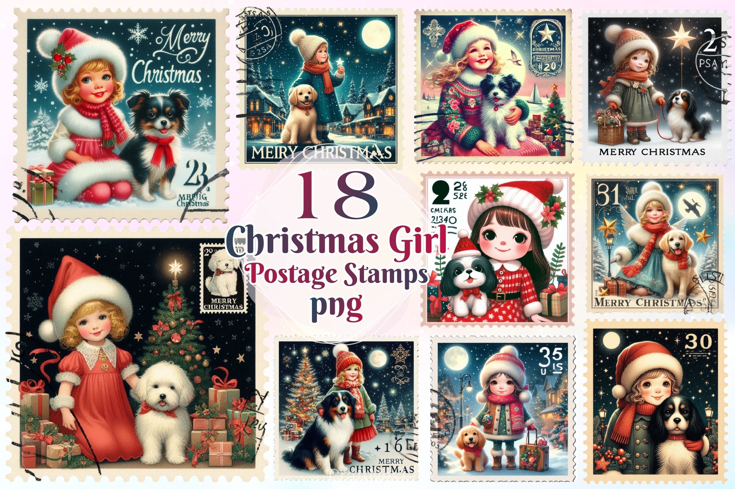 Christmas Girl Postage Stamps Clipart Bundle 2