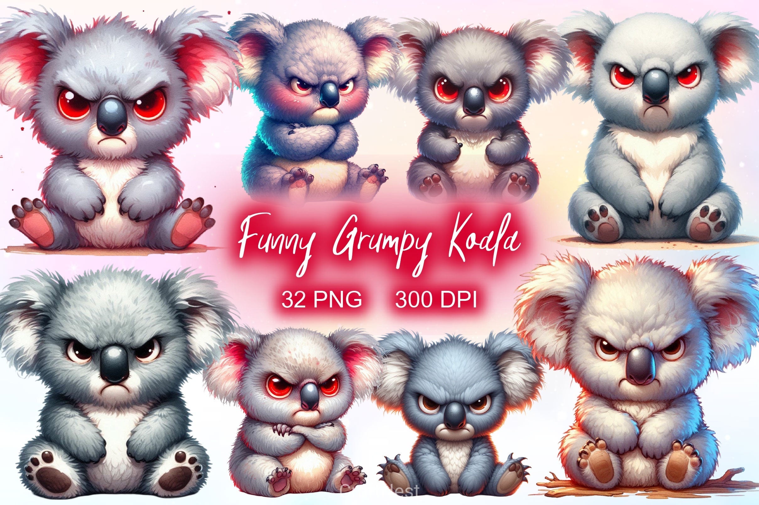 Funny Grumpy Koala Clipart Bundle