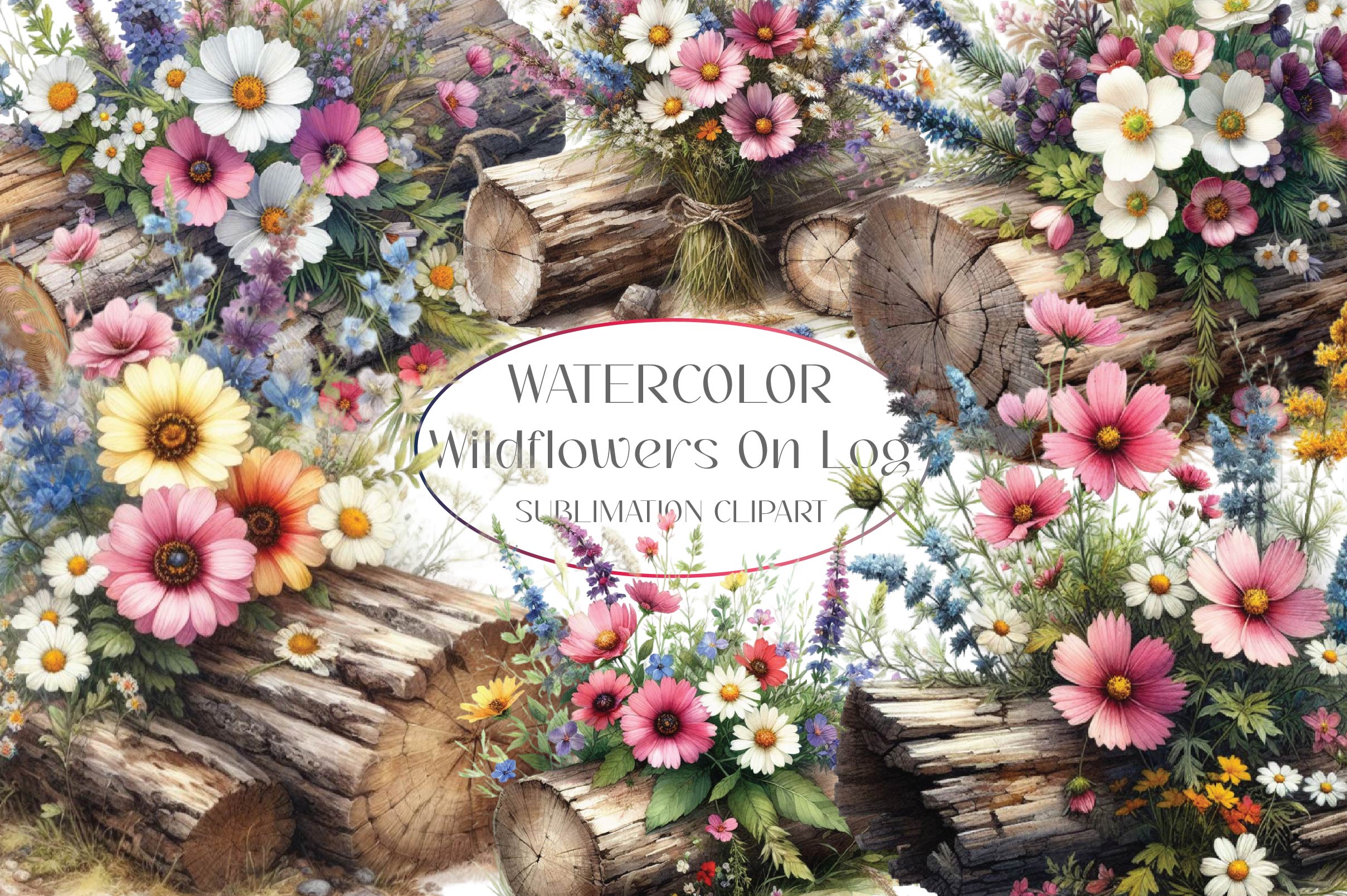 Wildflowers On Log Clipart Bundle