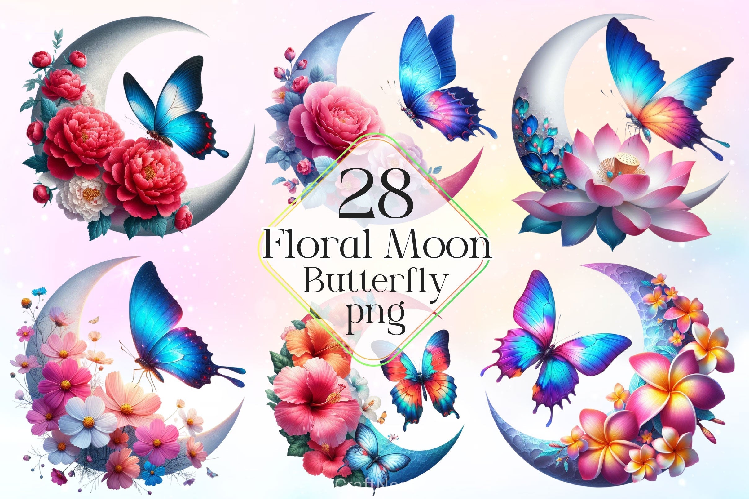 Butterfly And Flower Moon Clipart Bundle 2