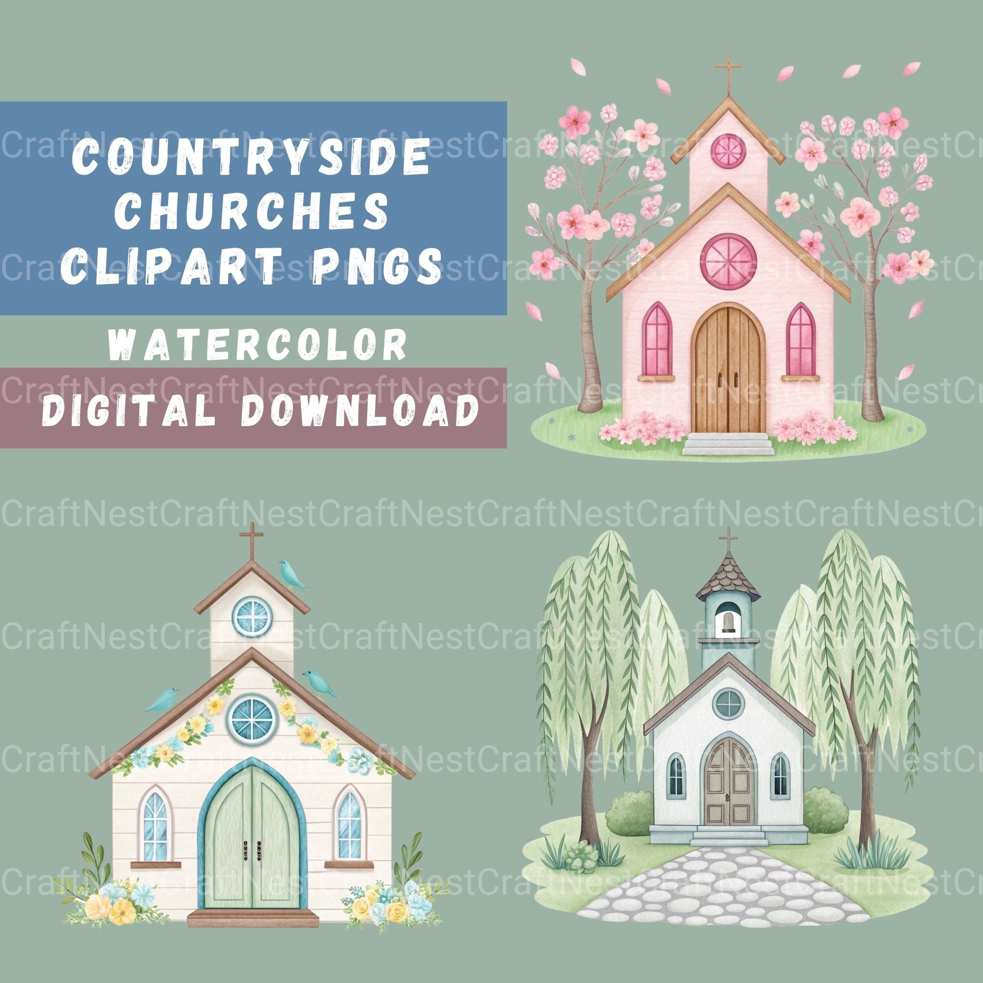 Countryside Churches Clipart Bundle