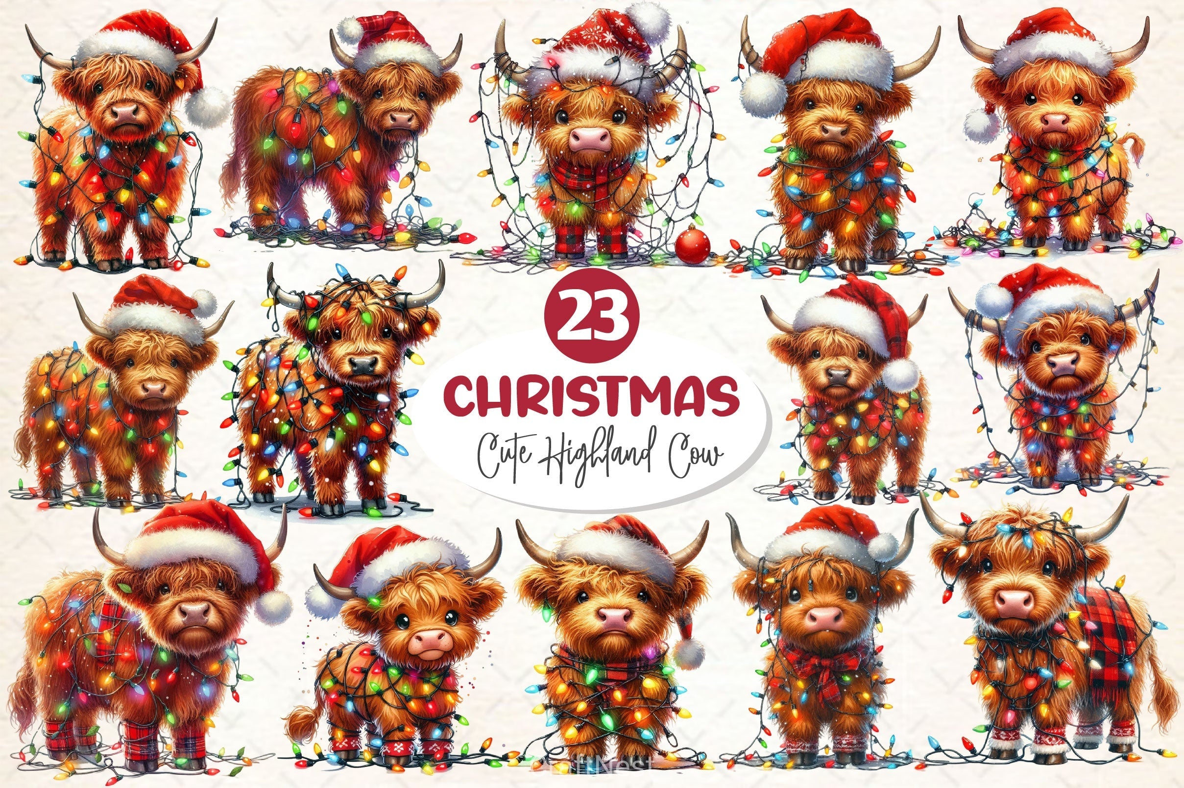 Cute Christmas Highland Cow Clipart Bundle 2