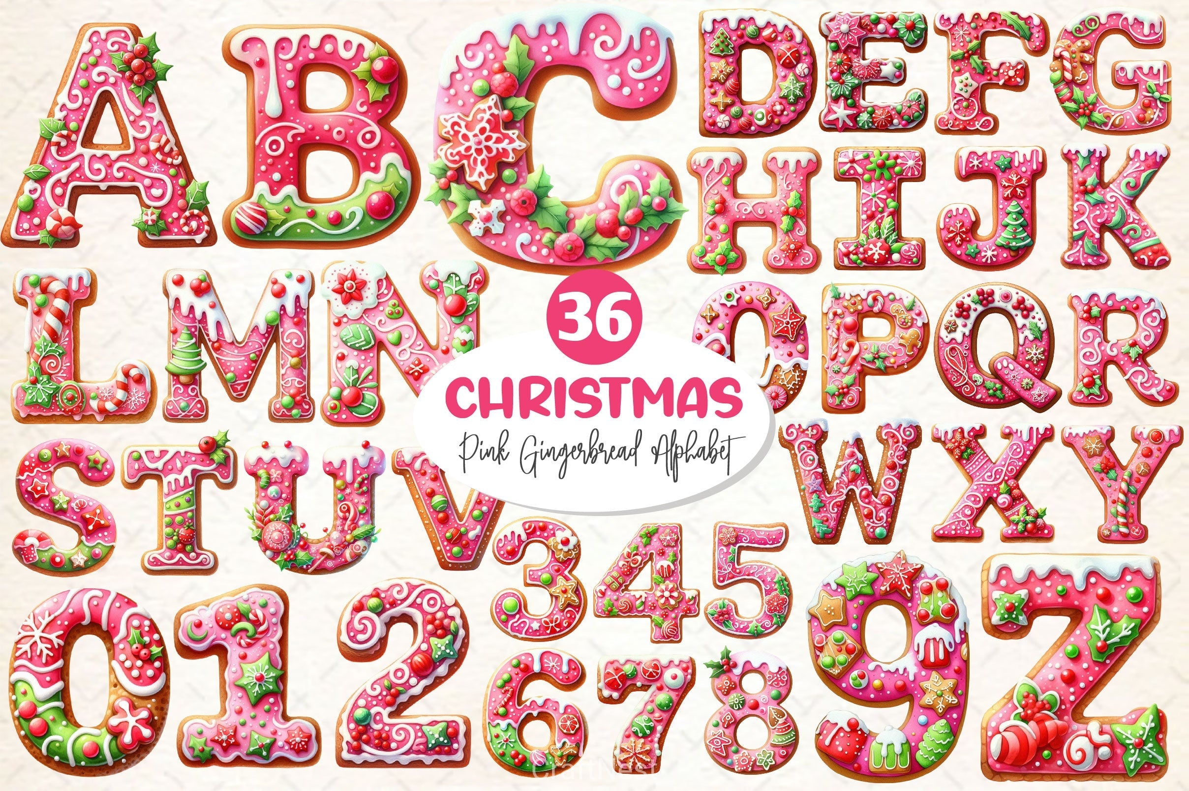 Pink Christmas Gingerbread Alphabet Clipart Bundle 2