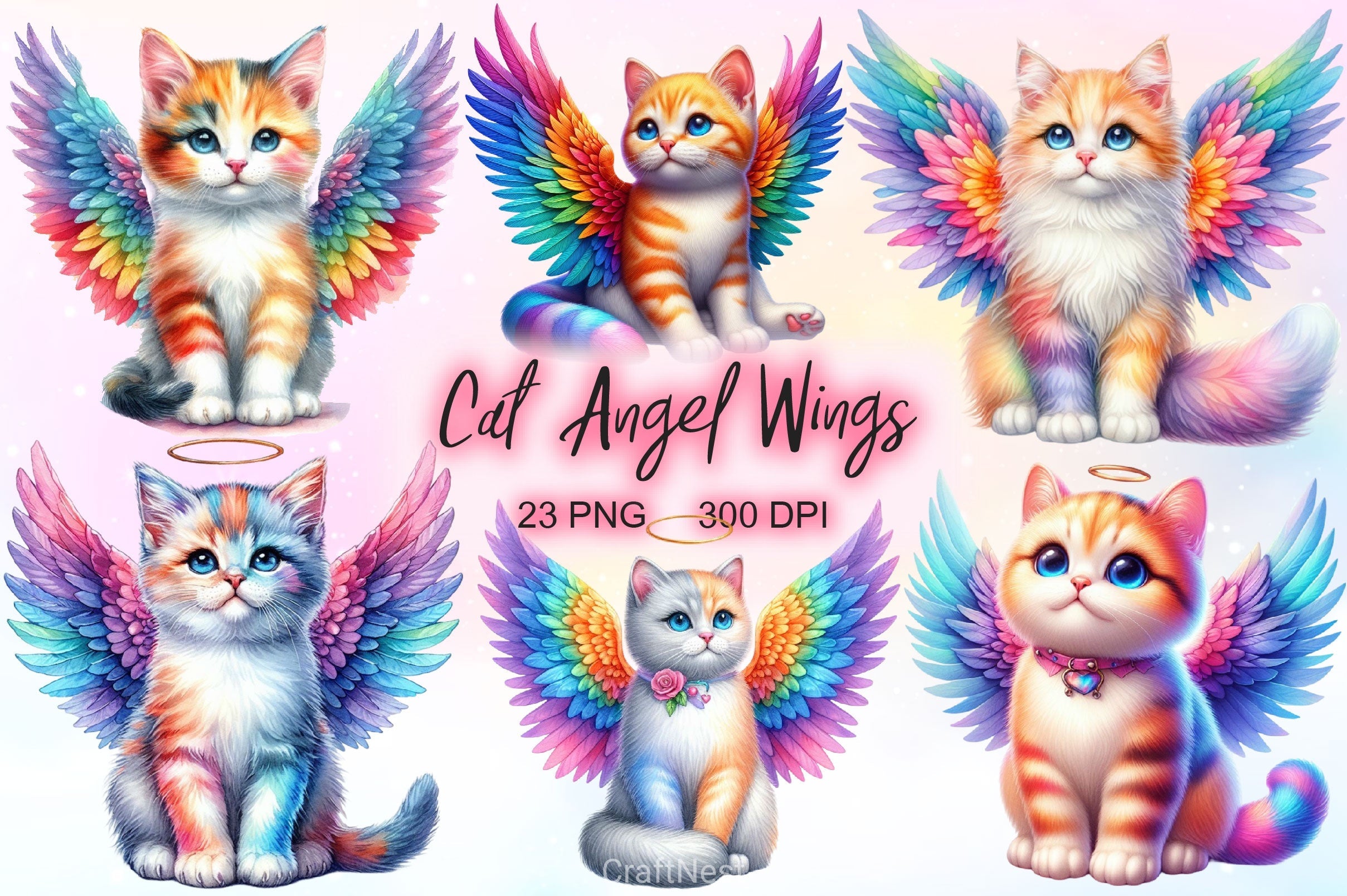 Cat With Angel Wings Clipart Bundle