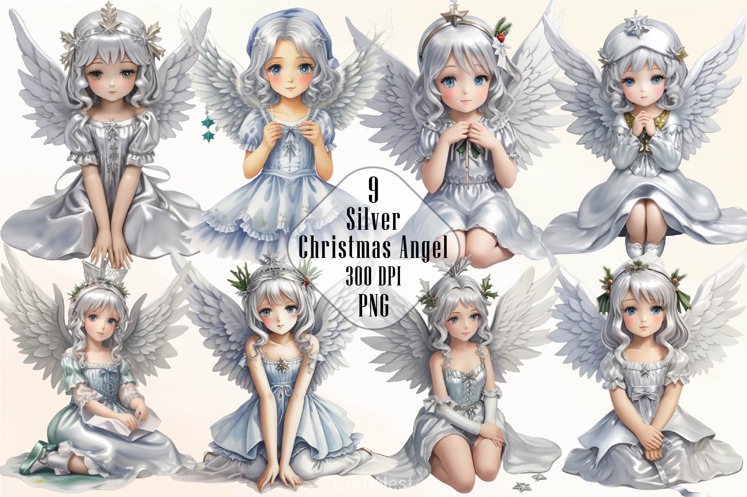 Silver Christmas Angel Clipart Bundle
