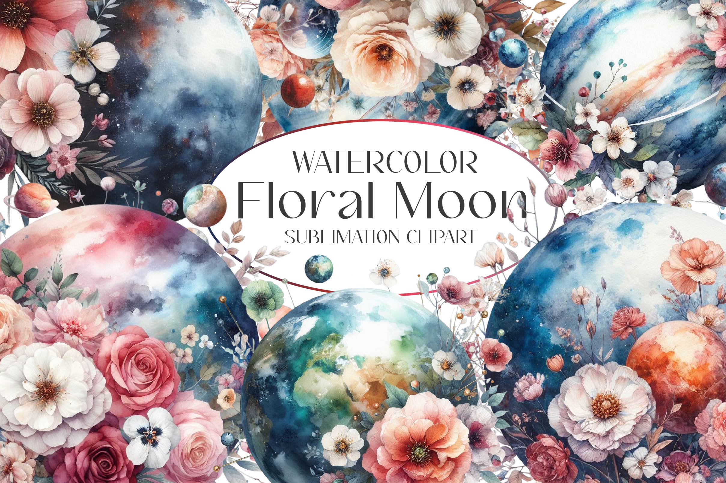 Vintage Floral Moon Clipart Bundle