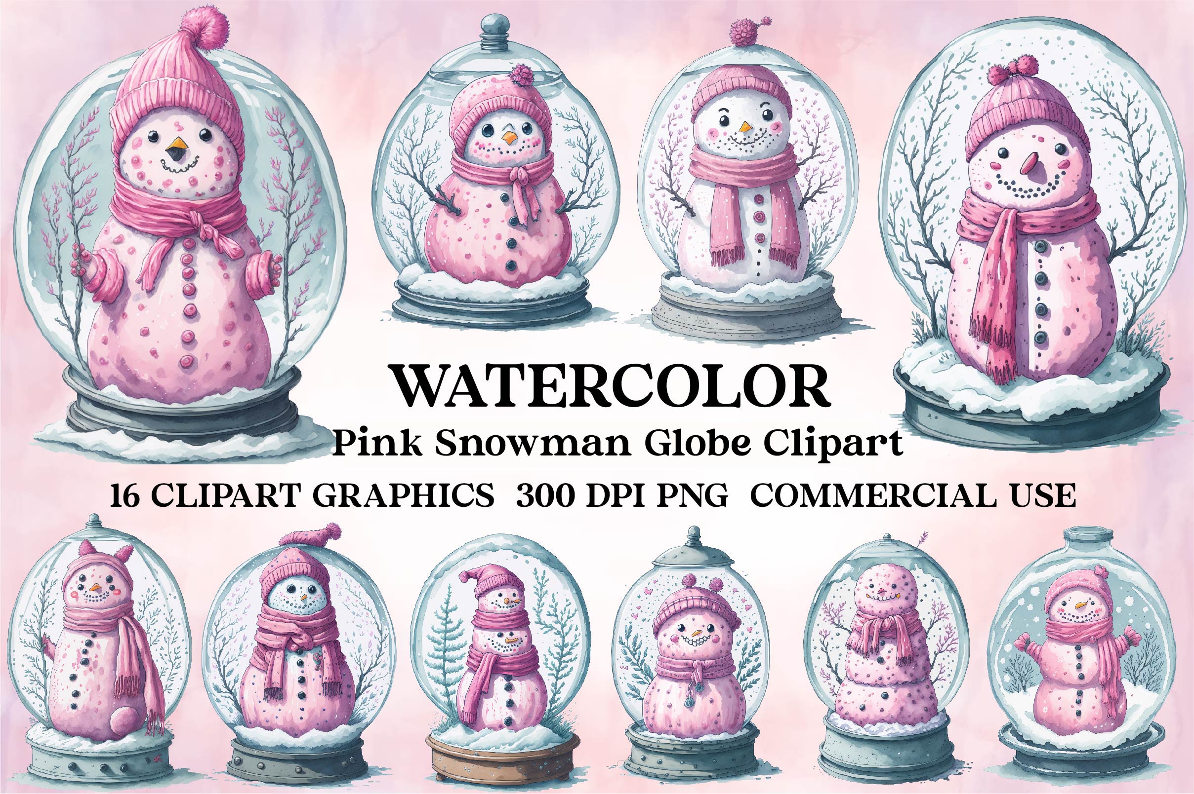 Pink Snowman In Snow Globe Clipart Bundle 1