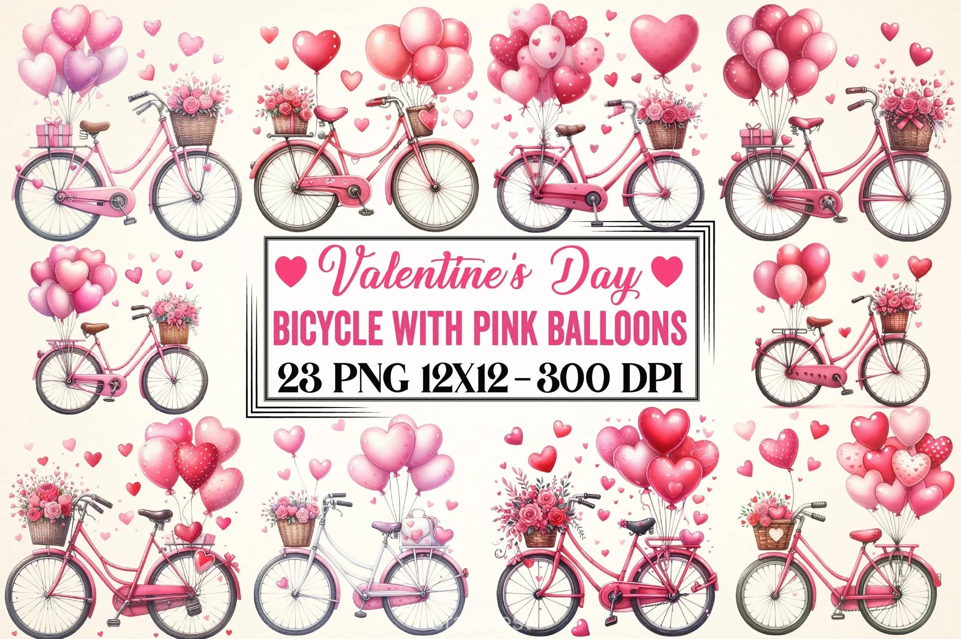 Valentine Bicycle Pink Balloons Clipart Bundle - CraftNest - Digital Crafting and Art