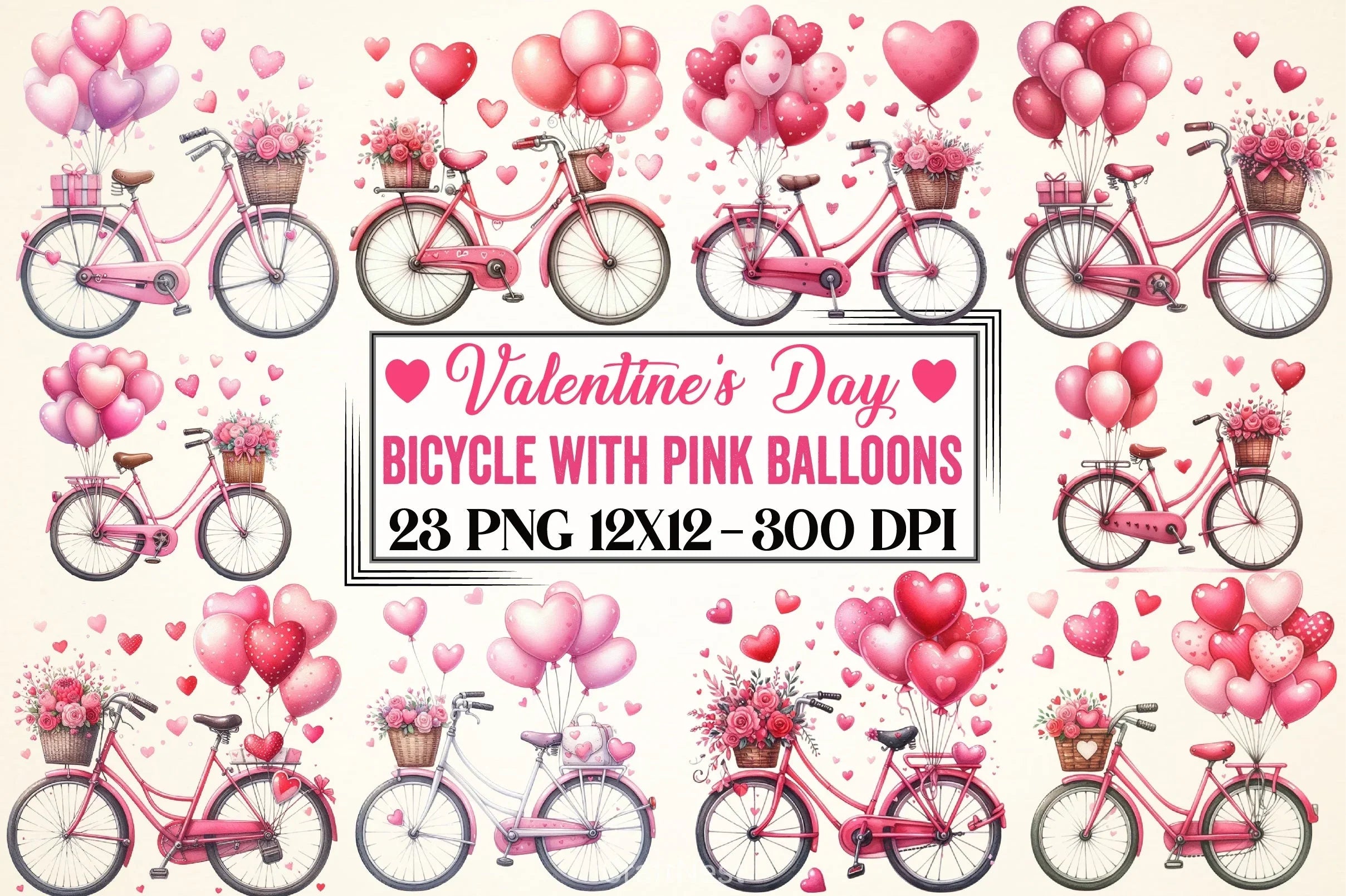 Valentine Bicycle Pink Balloons Clipart Bundle - CraftNest - Digital Crafting and Art