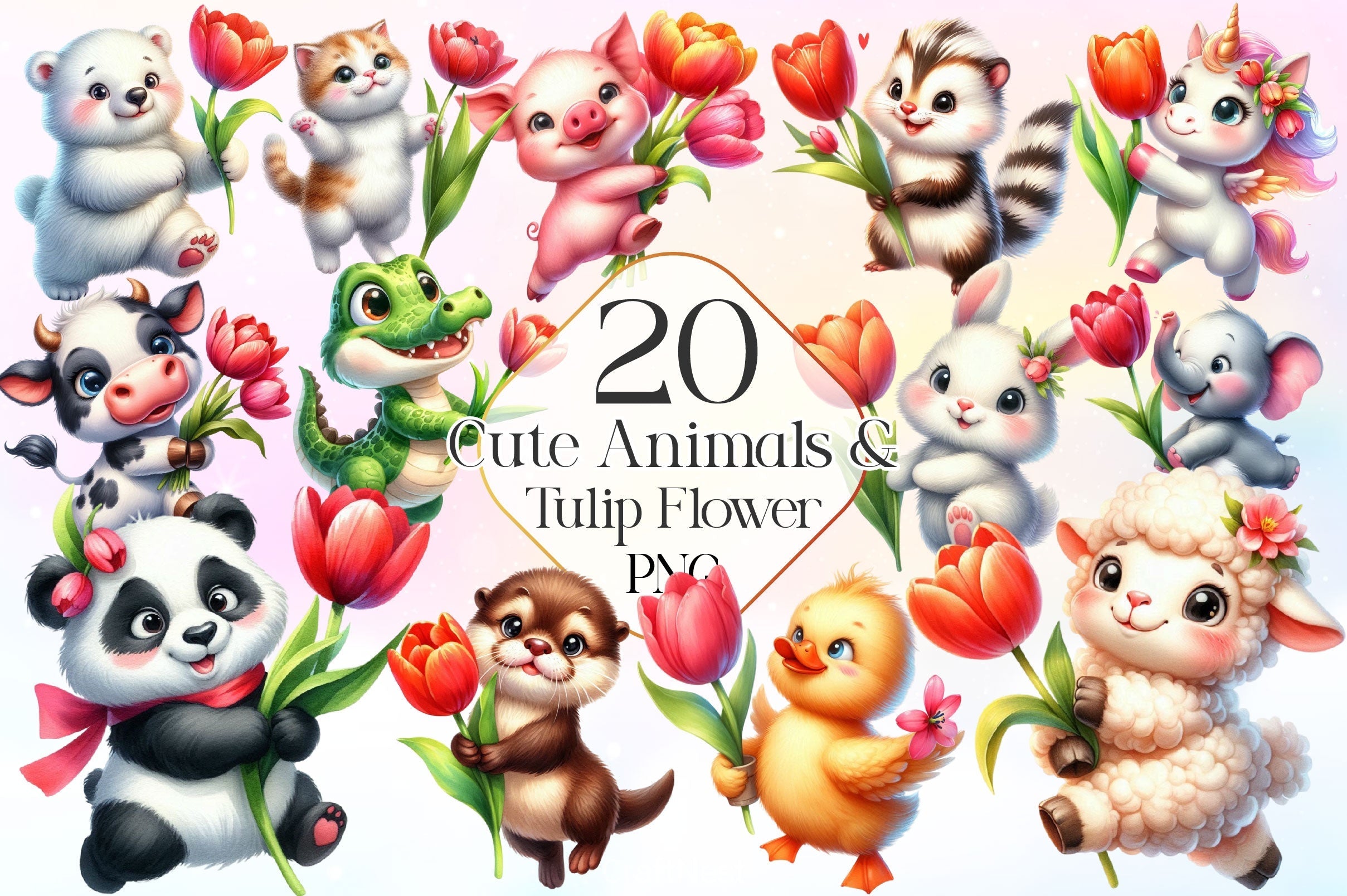 Cute Animals And Tulip Flower Clipart Bundle 3