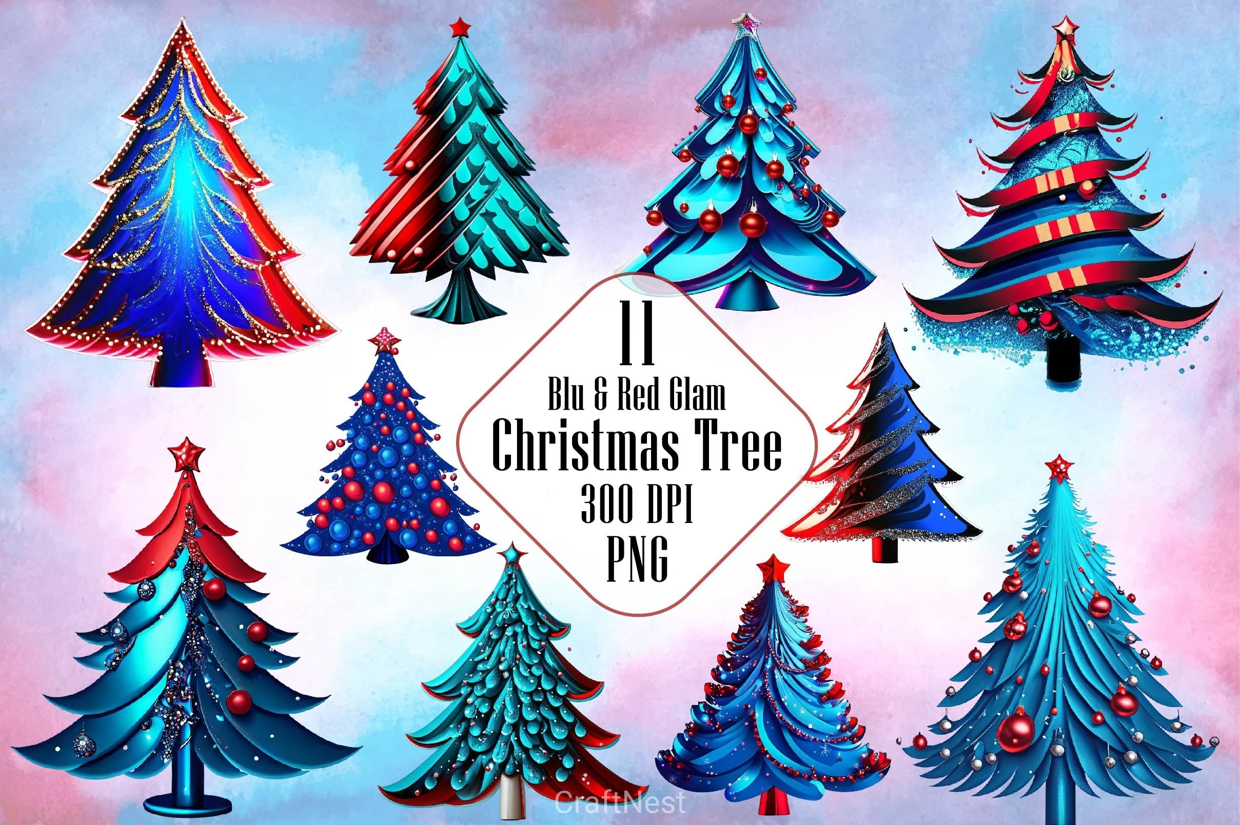 Blue And Red Glam Christmas Tree Clipart Bundle
