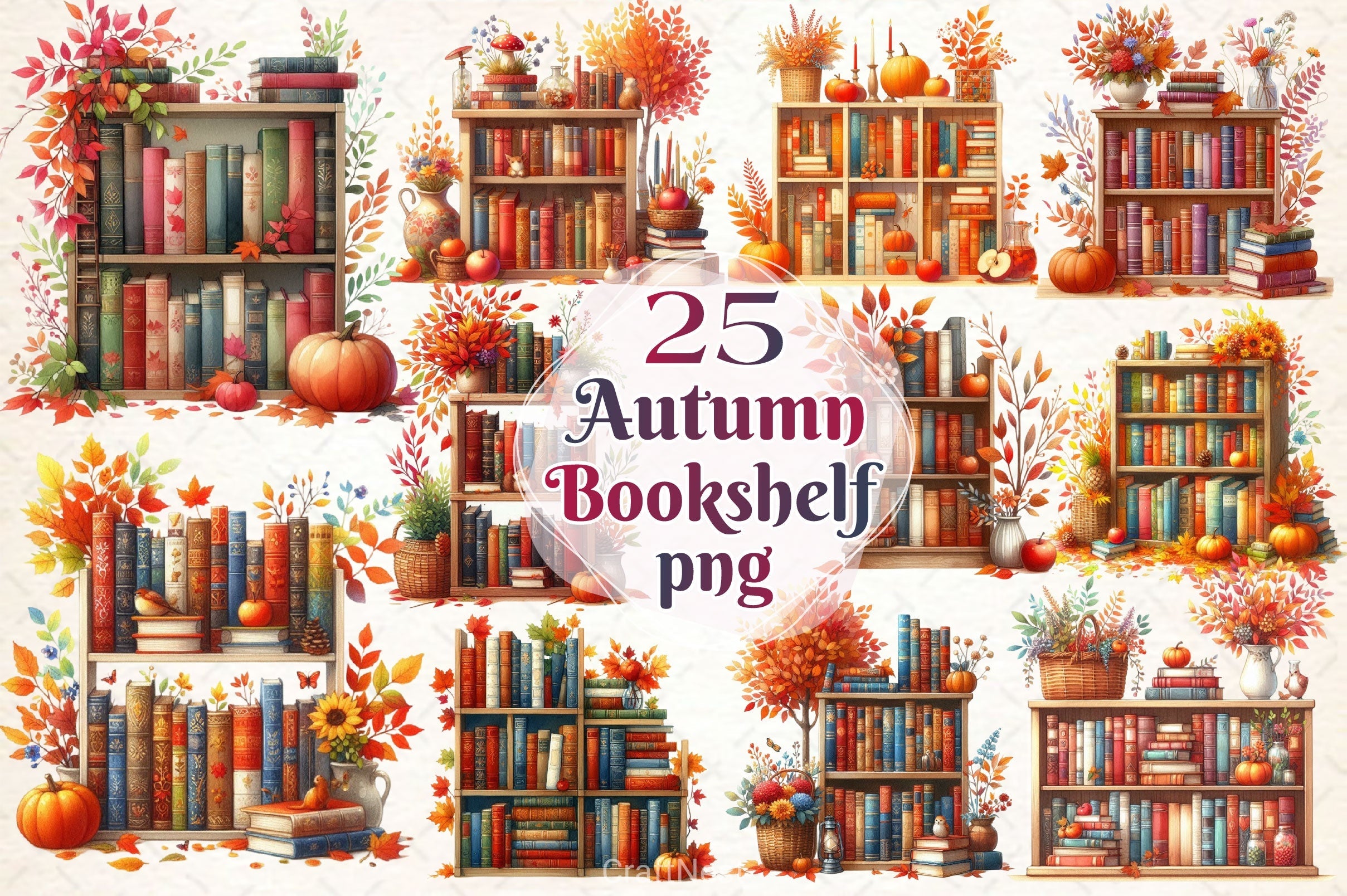Autumn Bookshelf Clipart Bundle
