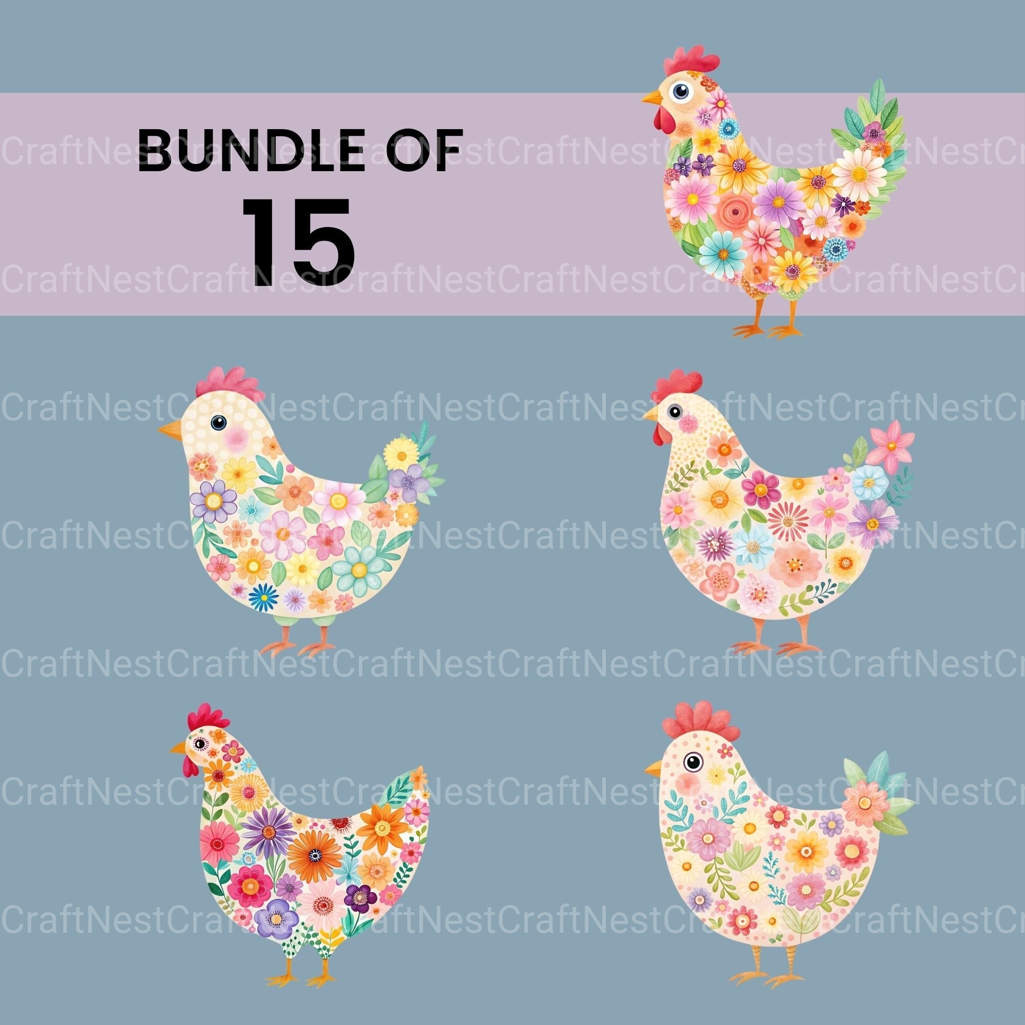 Flower Chickens Clipart Bundle