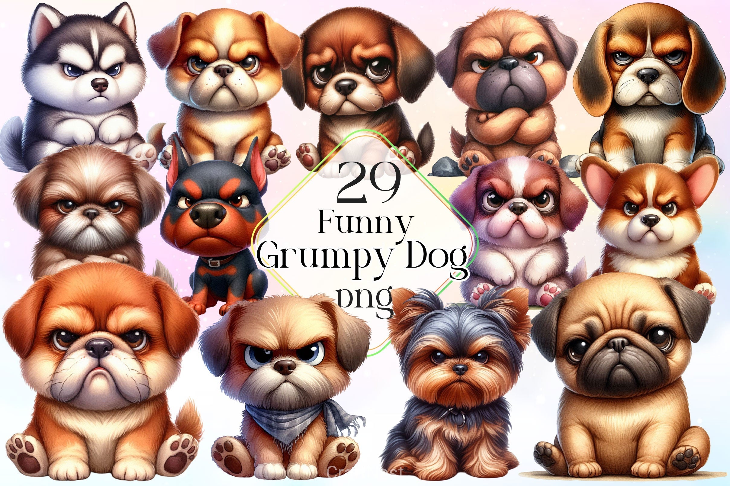Funny Grumpy Dog Clipart Bundle