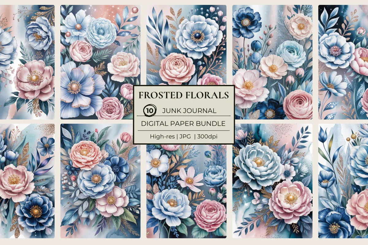 Frosted Florals Junk Journal Papers - CraftNest - Digital Crafting and Art