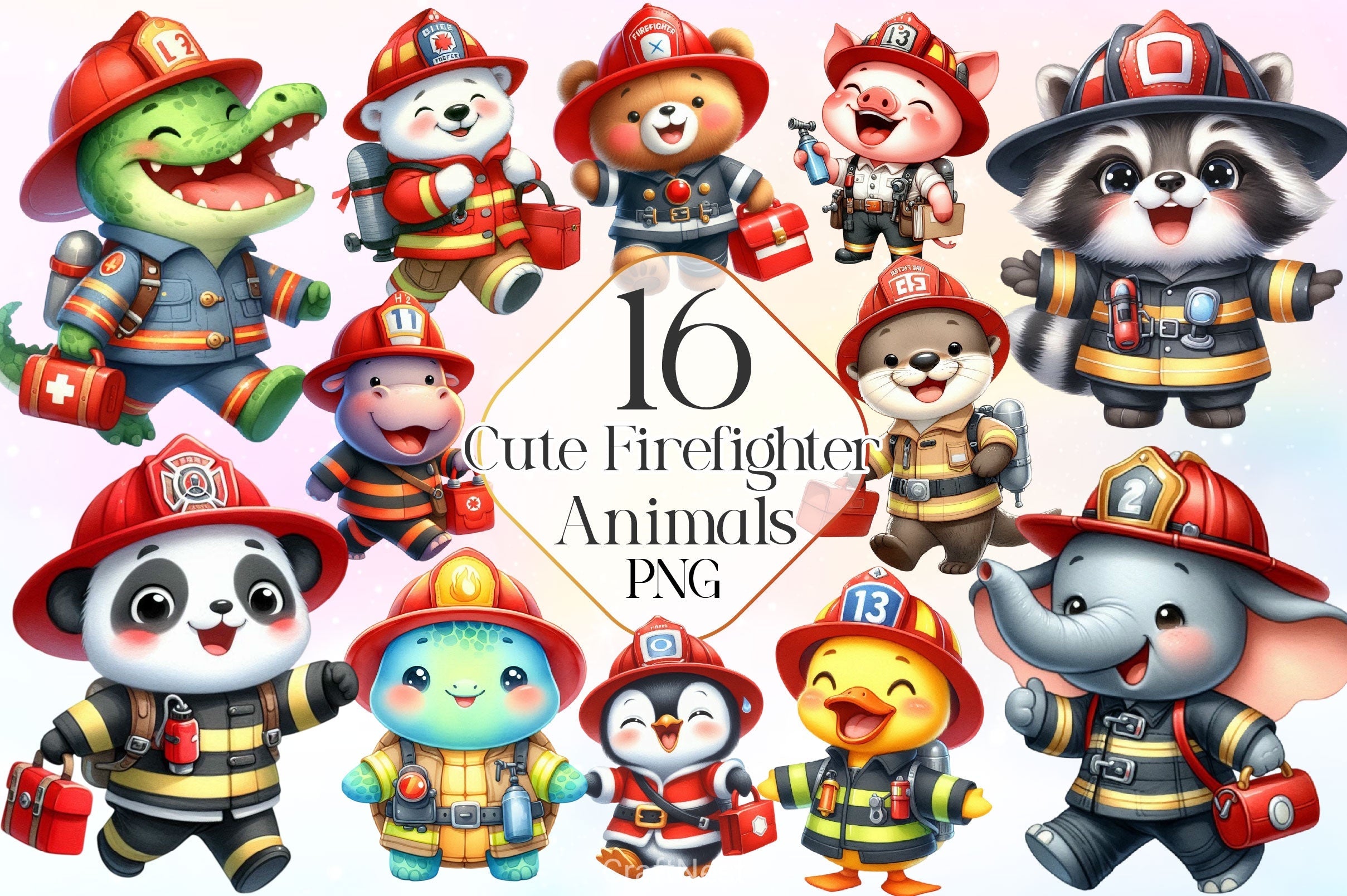 Cute Firefighter Animals Clipart Bundle 3