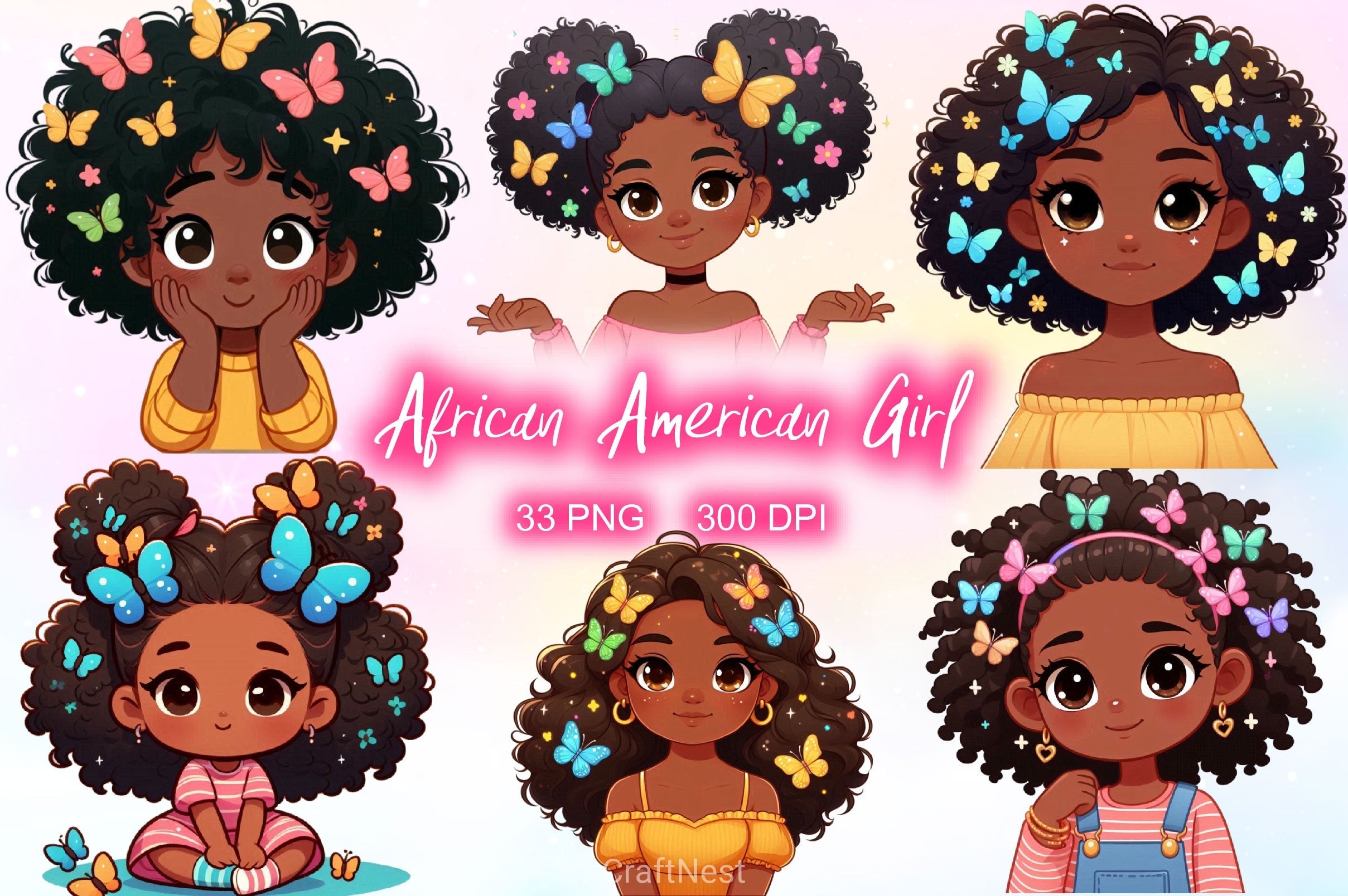 African American Girl With Butterflies Clipart Bundle