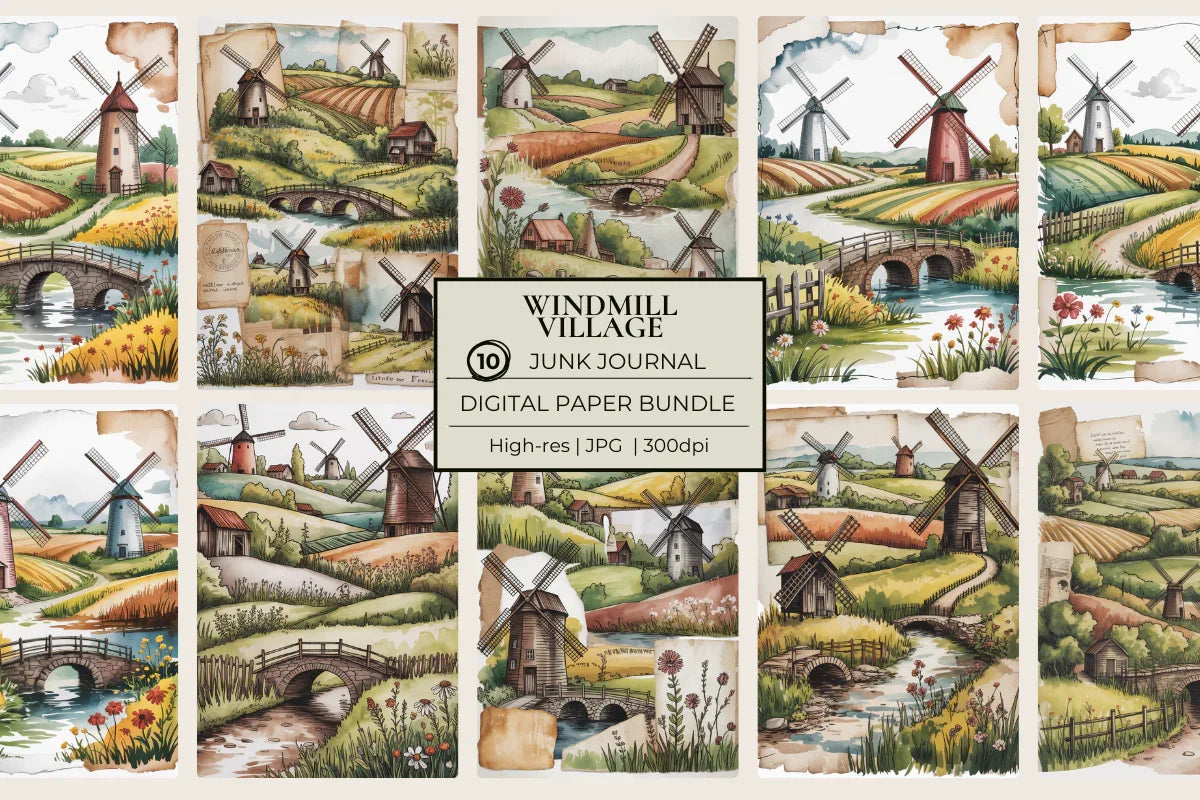 Windmill Village Junk Journal Papers - CraftNest - Digital Crafting and Art
