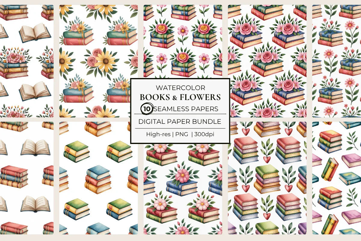 Books & Flowers Seamless Papers - CraftNest - Digital Crafting and Art