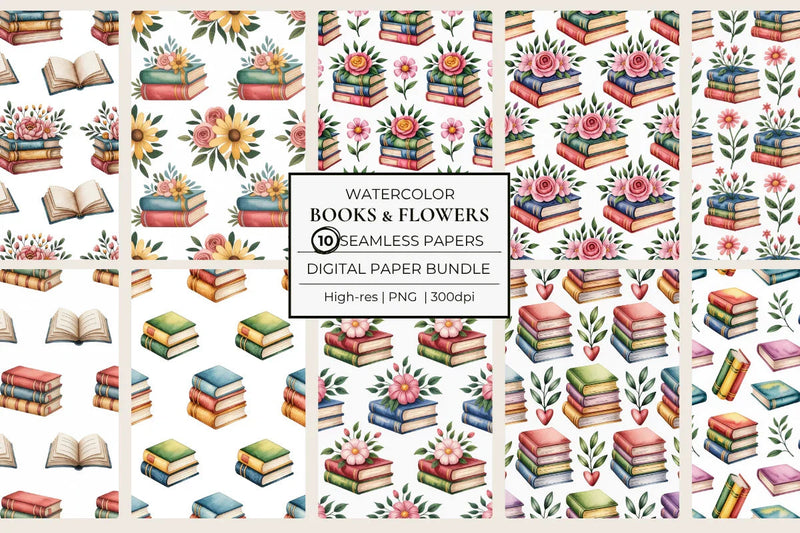 Books & Flowers Seamless Papers - CraftNest - Digital Crafting and Art