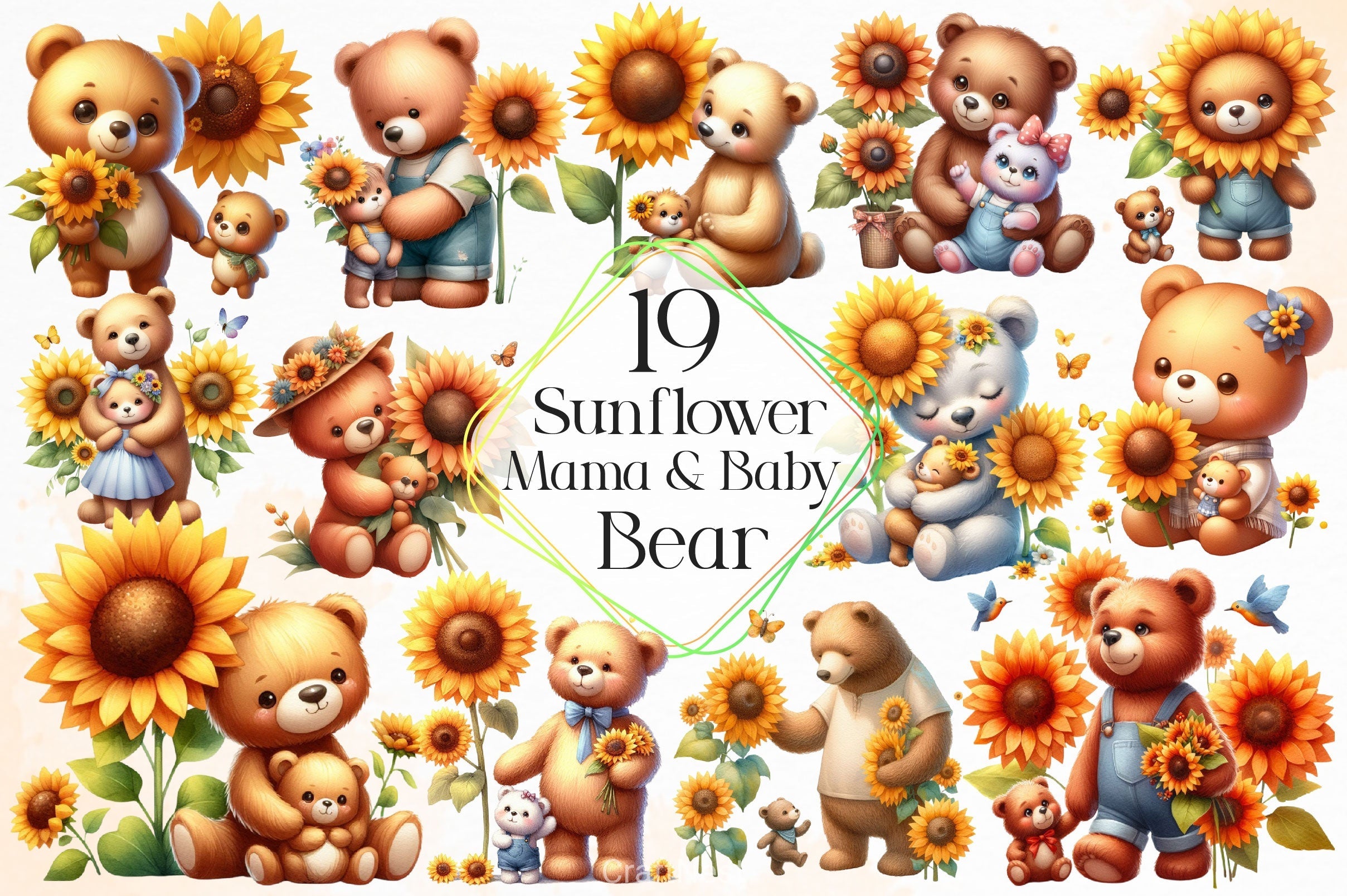 Sunflower Mama And Baby Bear Clipart Bundle 2