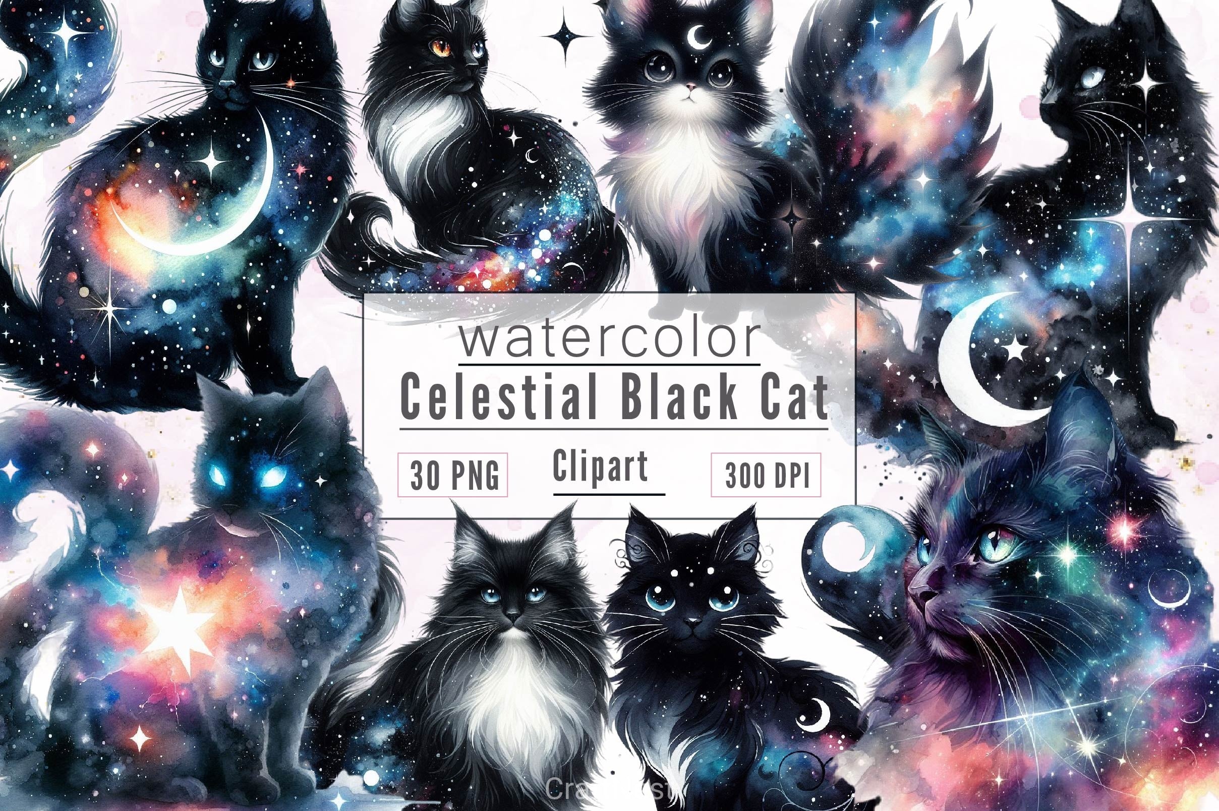 Celestial Black Cat Clipart Bundle