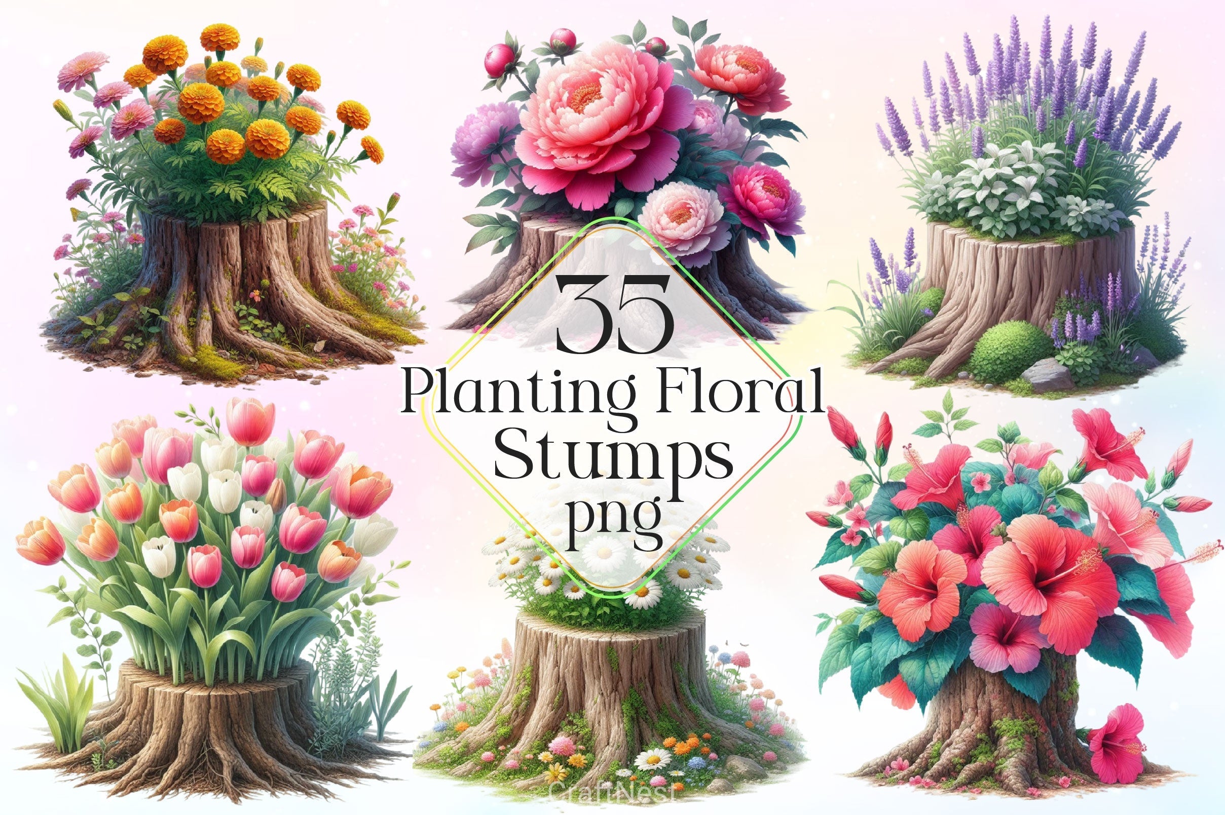Planting Floral Stumps Clipart Bundle
