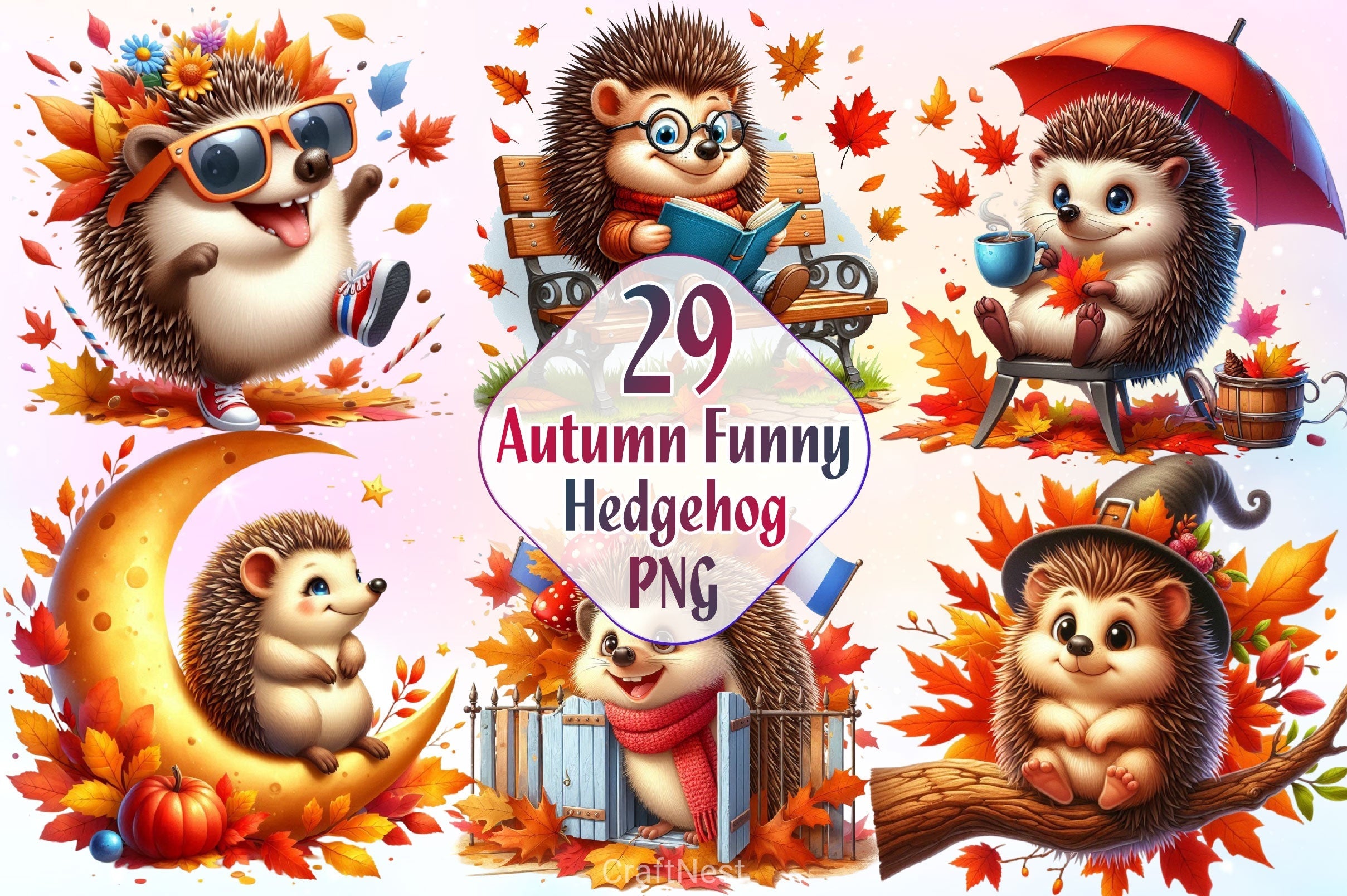 Autumn Funny Hedgehog Clipart Bundle 2