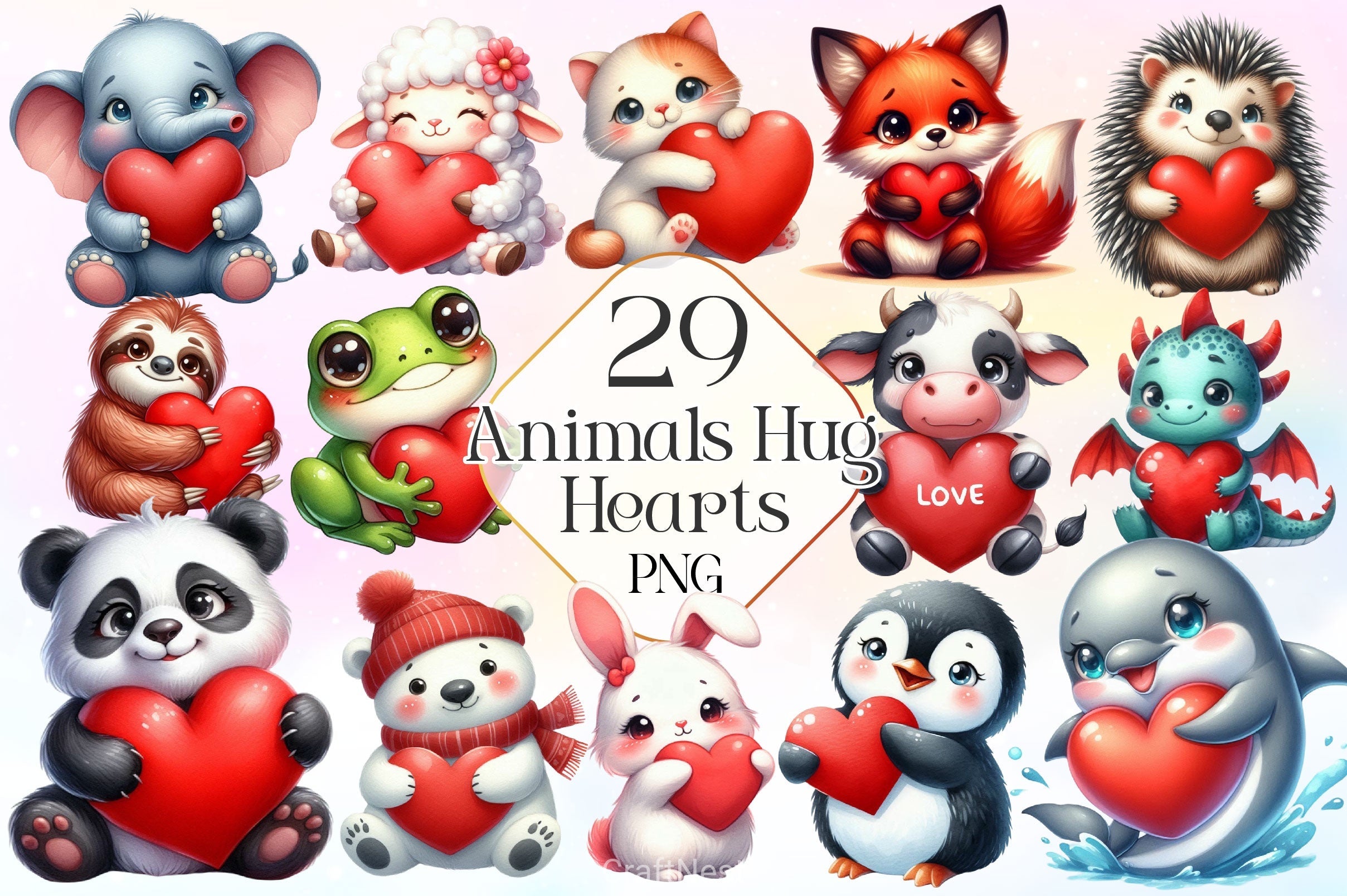 Adorable Animals Hug Hearts Clipart Bundle