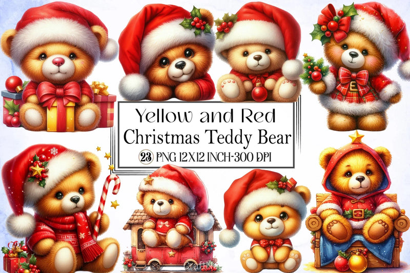 Yellow & Red Christmas Teddy Bear Clipart Bundle - CraftNest - Digital Crafting and Art