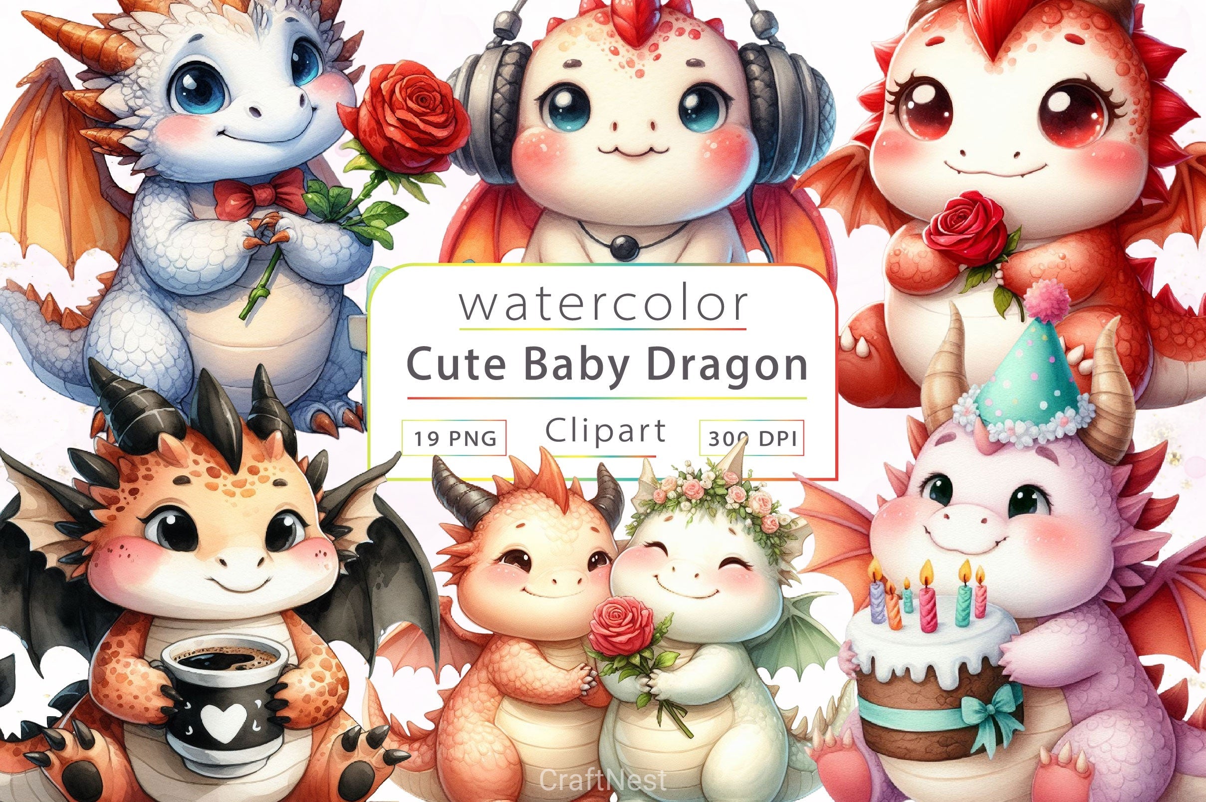 Cute Baby Dragon Valentine Clipart Bundle