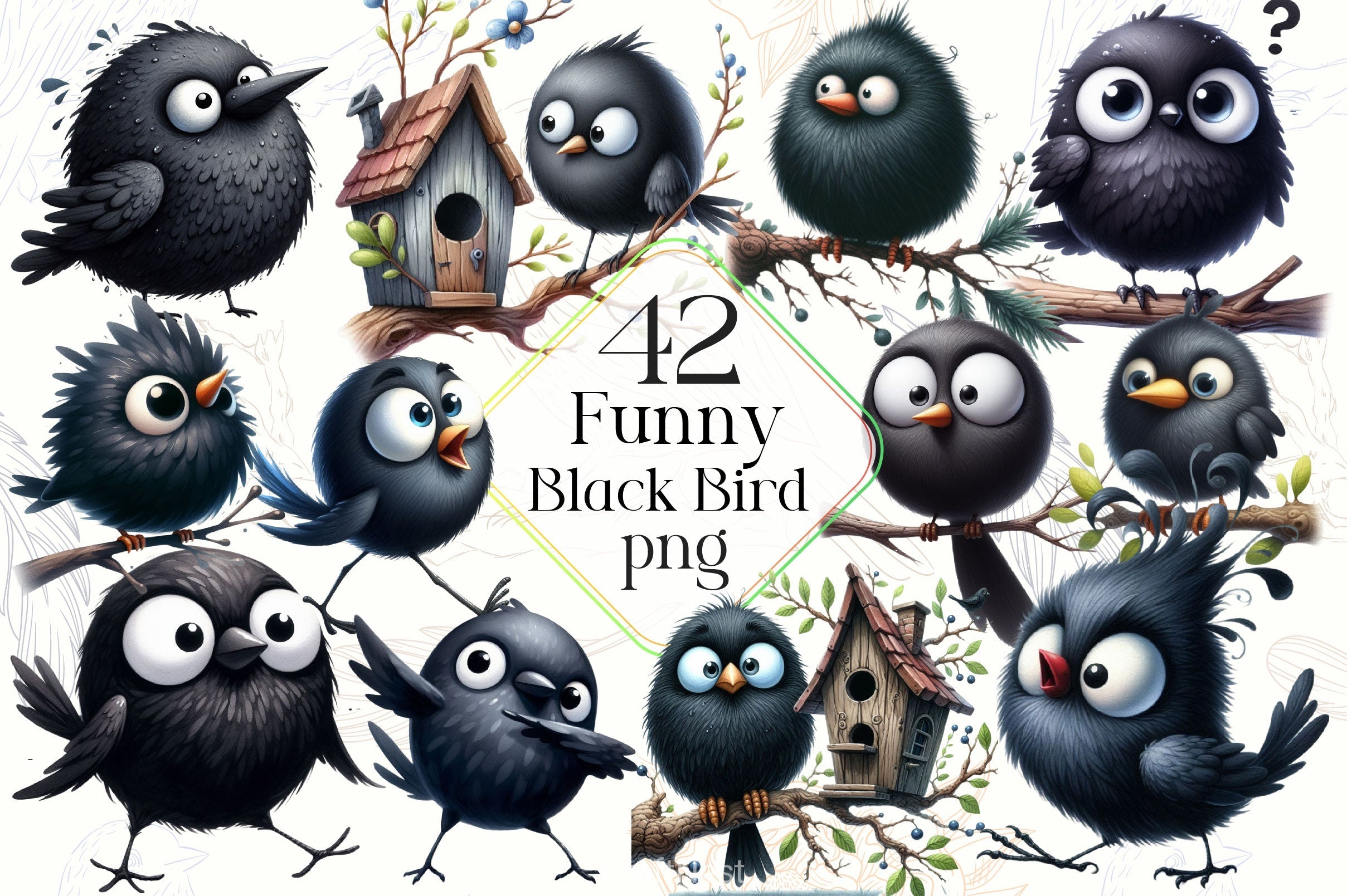 Funny Black Birds Clipart Bundle 2