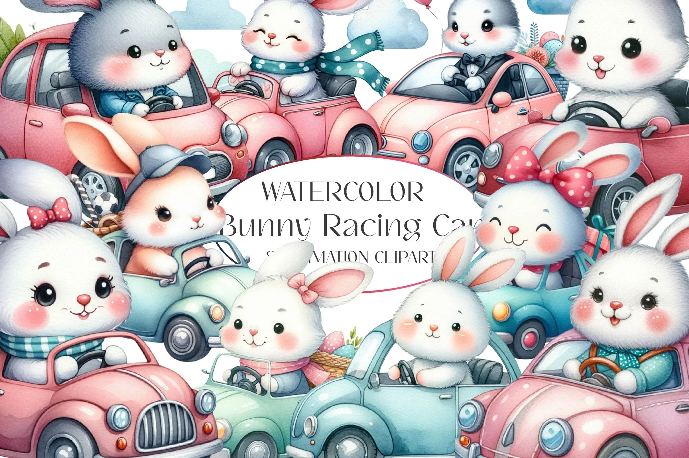 Cute Cartoon Rabbit Racing Cute Bunny Racing Car Clipart Bundle