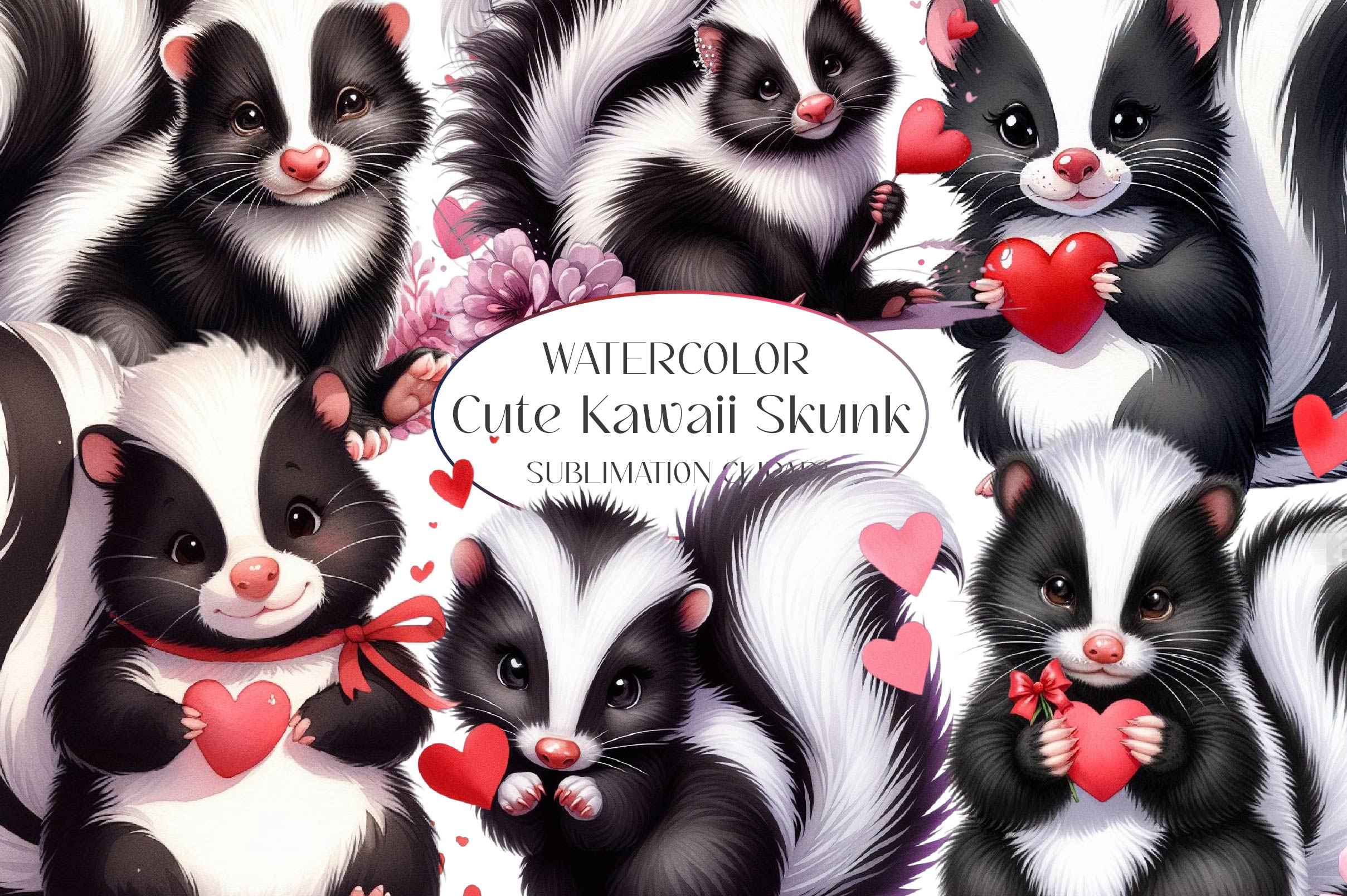 Cute Kawaii Skunk Clipart Bundle