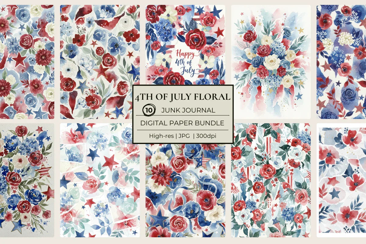 4th of July Florals Junk Journal Papers - CraftNest - Digital Crafting and Art