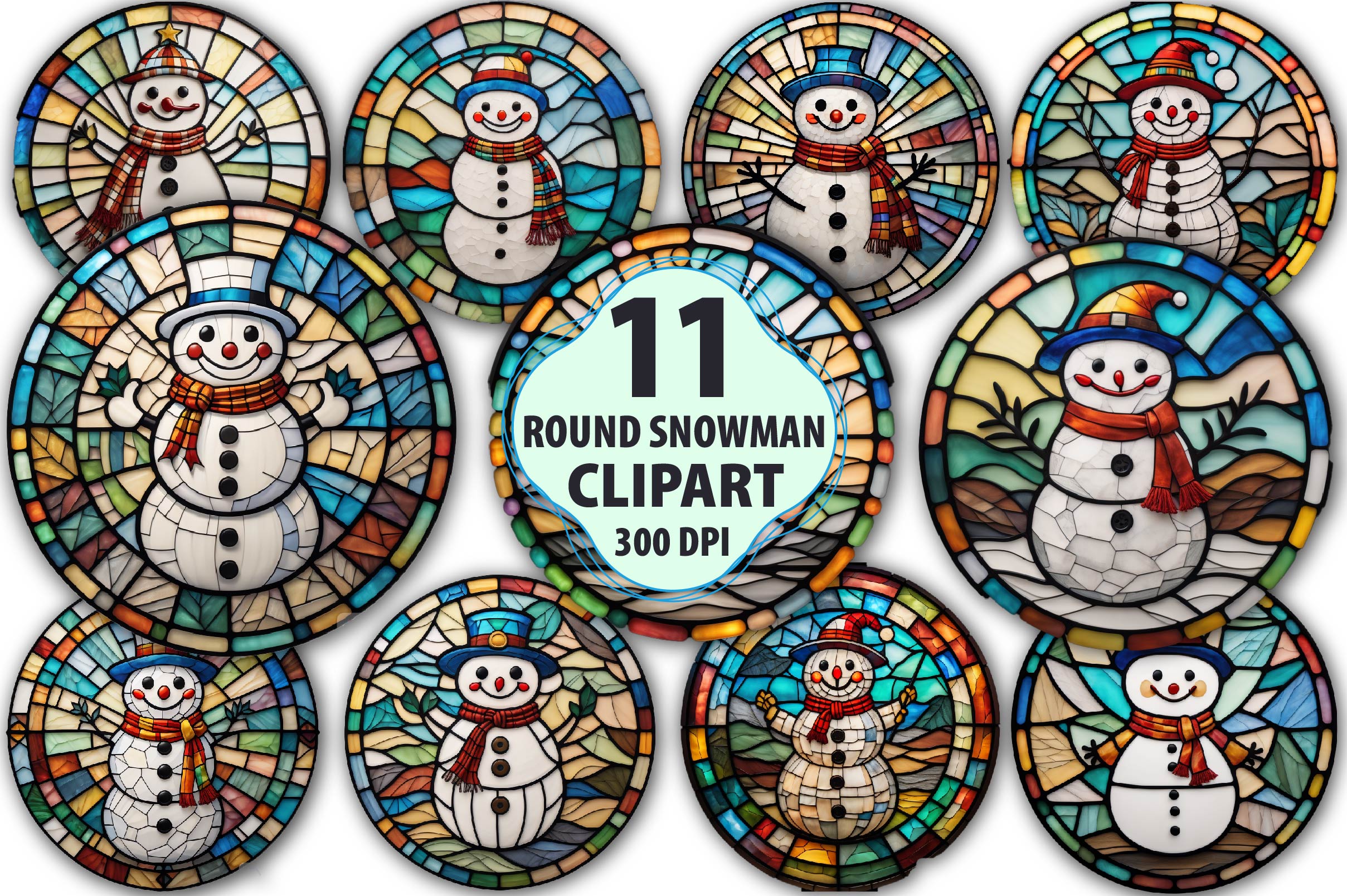 Round Stained Glass Christmas Snowman Clipart Bundle