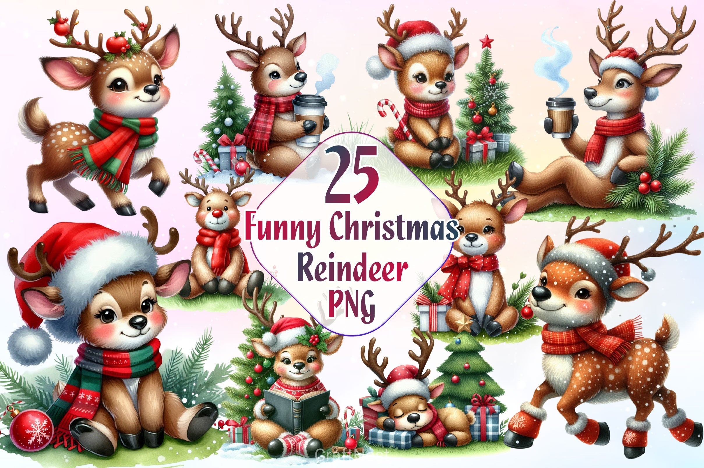 Funny Christmas Reindeer Clipart Bundle 6