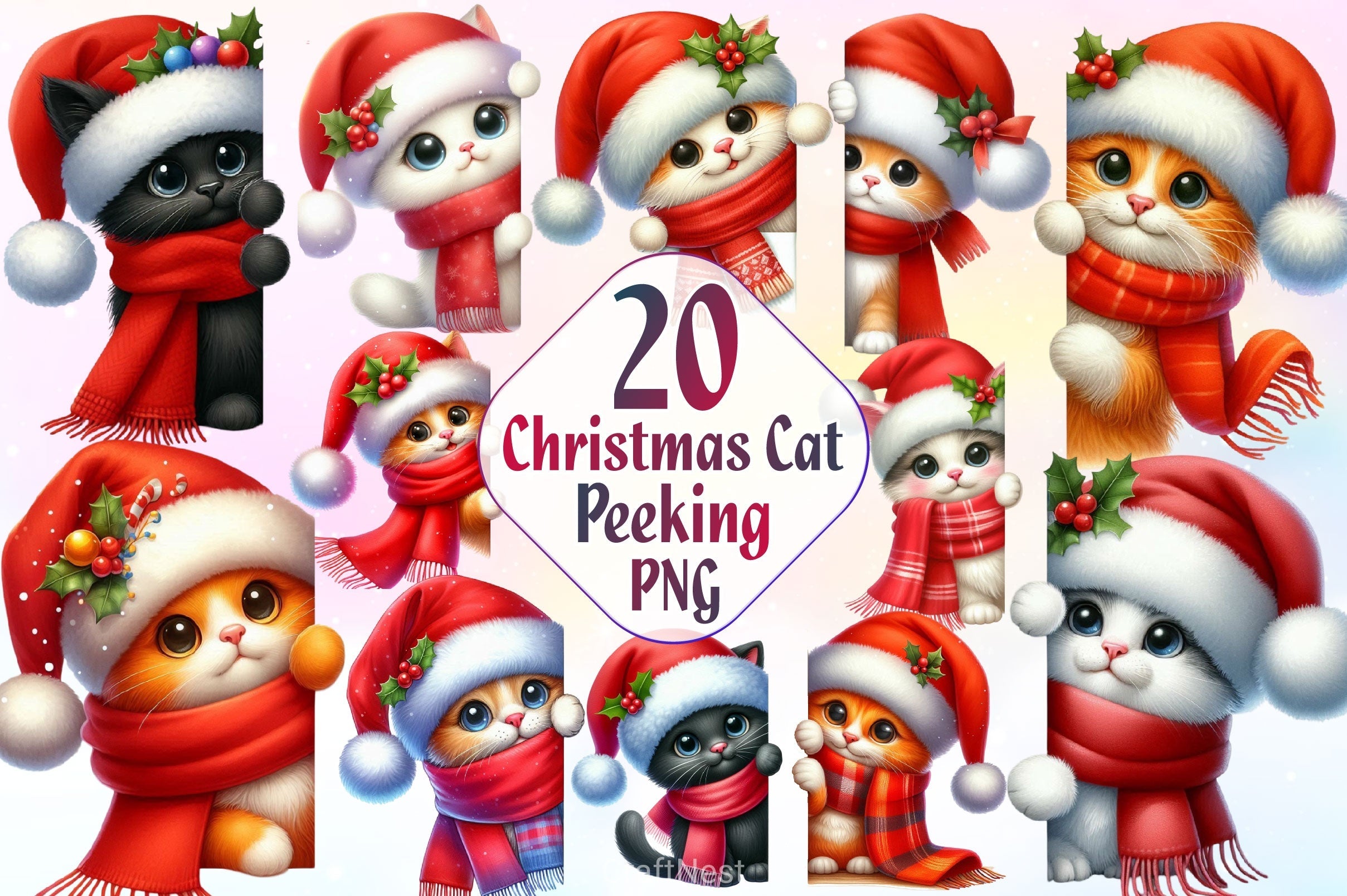 Christmas Cat Peeking Around Corner Clipart Bundle