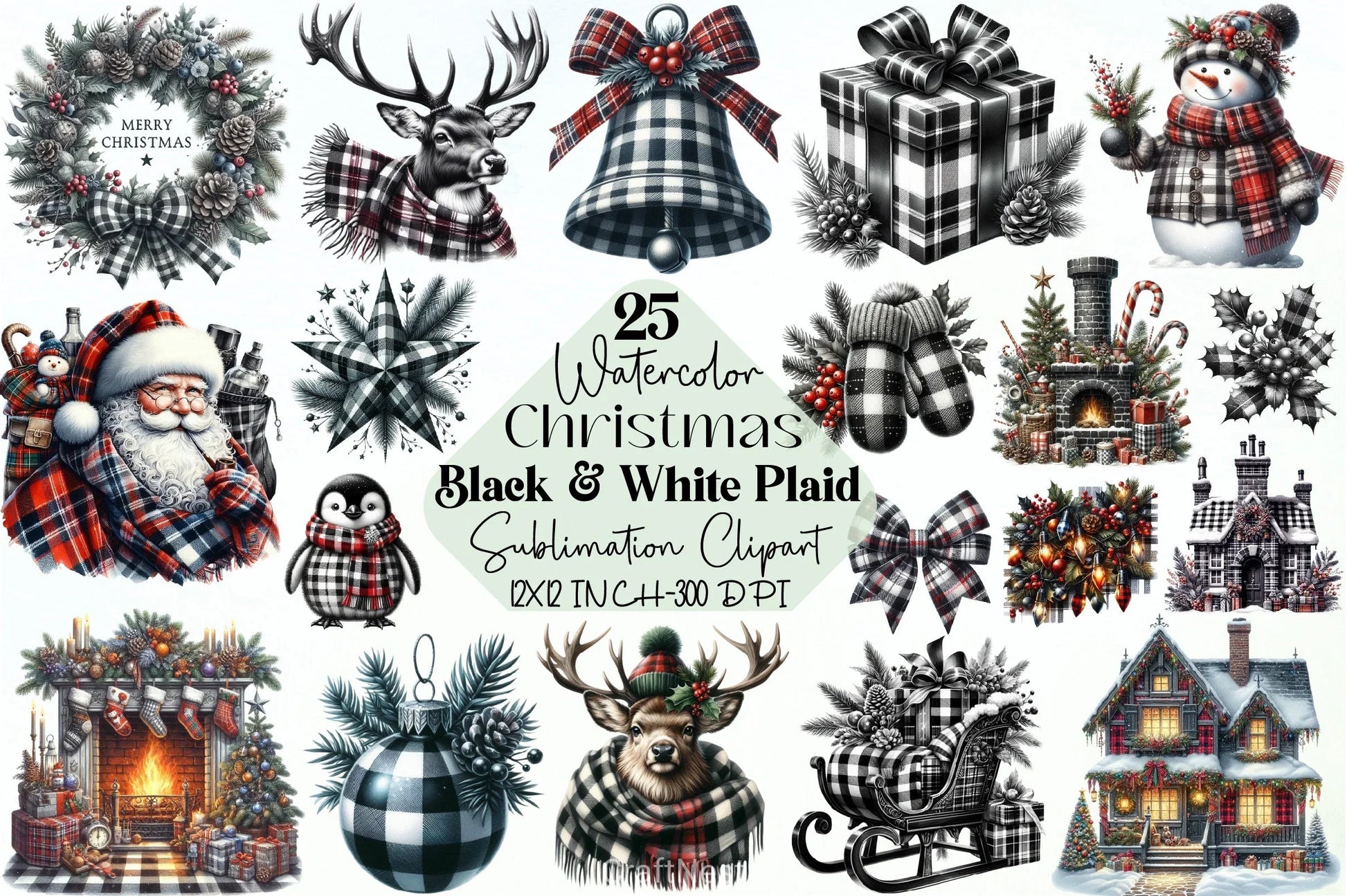 Black & White Plaid Christmas Clipart Bundle - CraftNest - Digital Crafting and Art