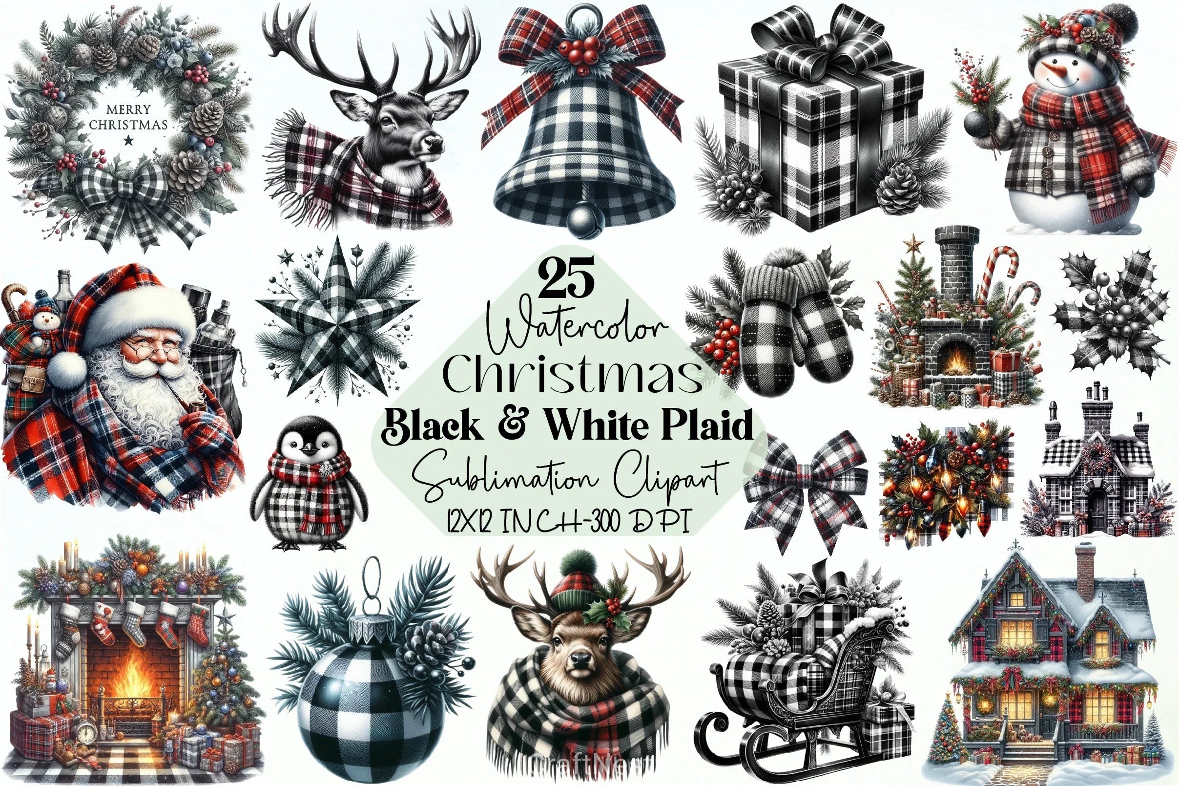Black & White Plaid Christmas Clipart Bundle - CraftNest - Digital Crafting and Art