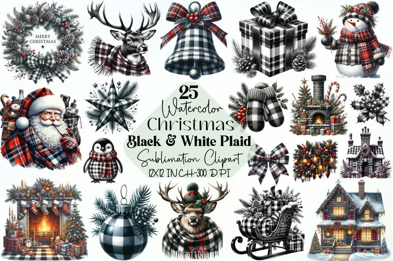 Black & White Plaid Christmas Clipart Bundle - CraftNest - Digital Crafting and Art