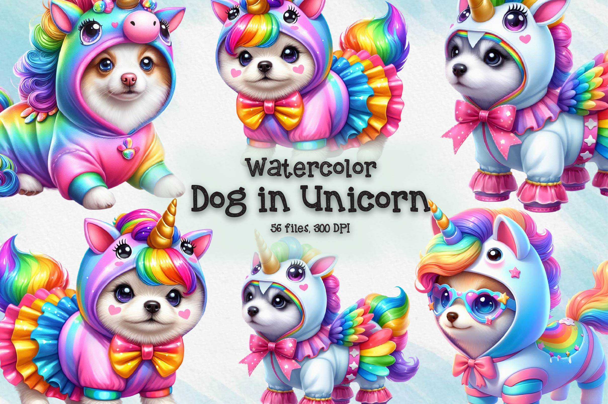 Cute Dog In Unicorn Costume Clipart Bundle